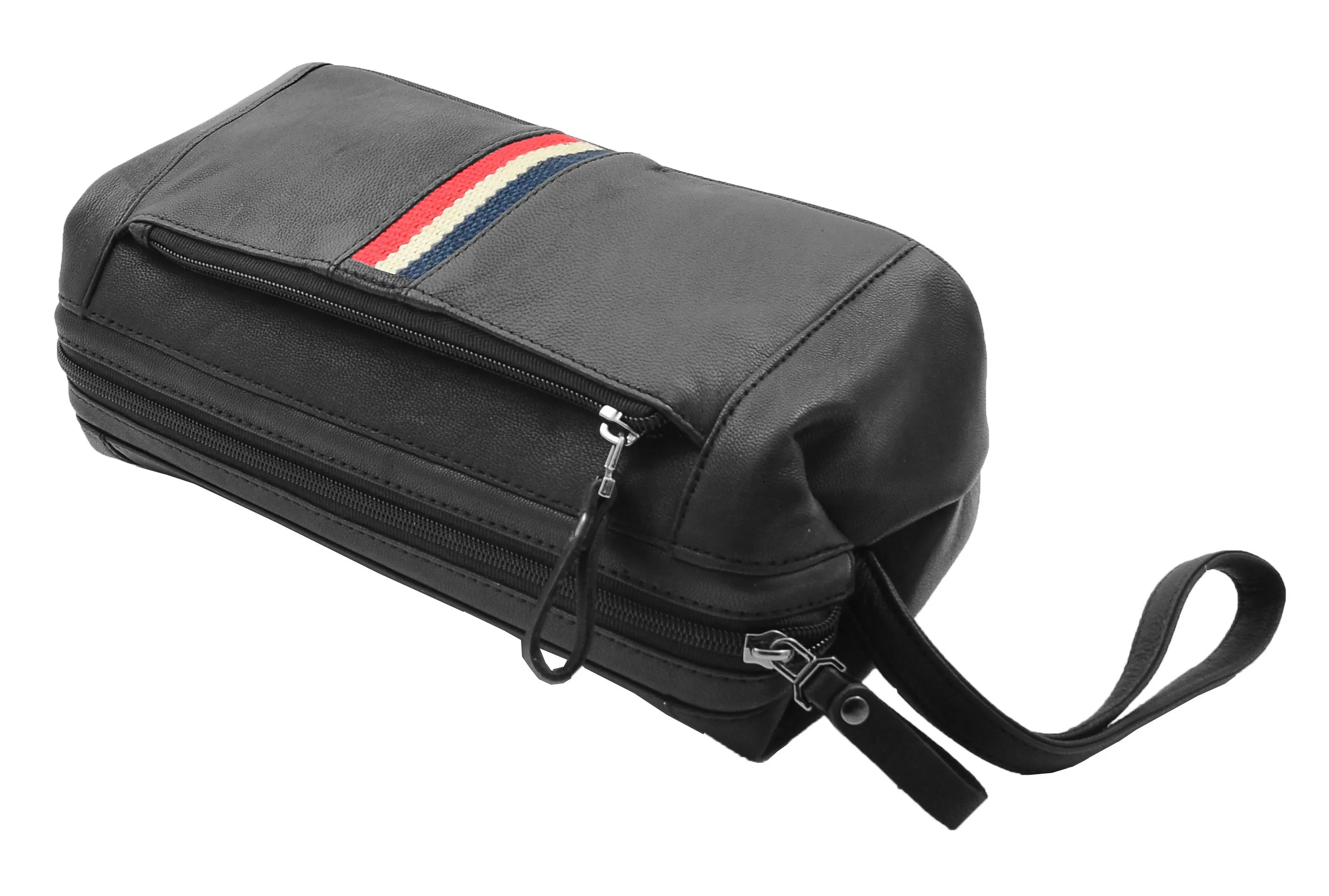 Mens Black Leather Toiletry Cosmetic Shaving Kit Travel Wash Bag Guy