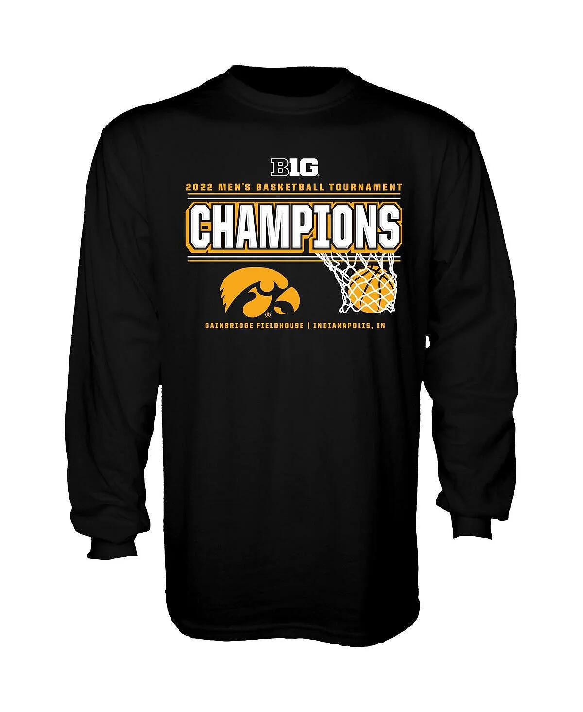 Men's black long sleeve t-shirt iowa hawkeyes 2022 big ten men's basketball conference tournament champions locker room Blue 84 ,  black