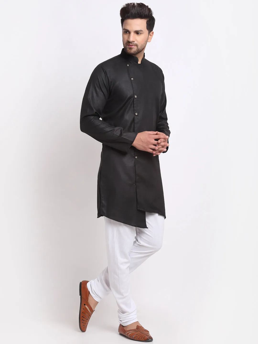 Men's Black Solid Angrakha Kurta With White Churidaar Pyjama - Benstoke