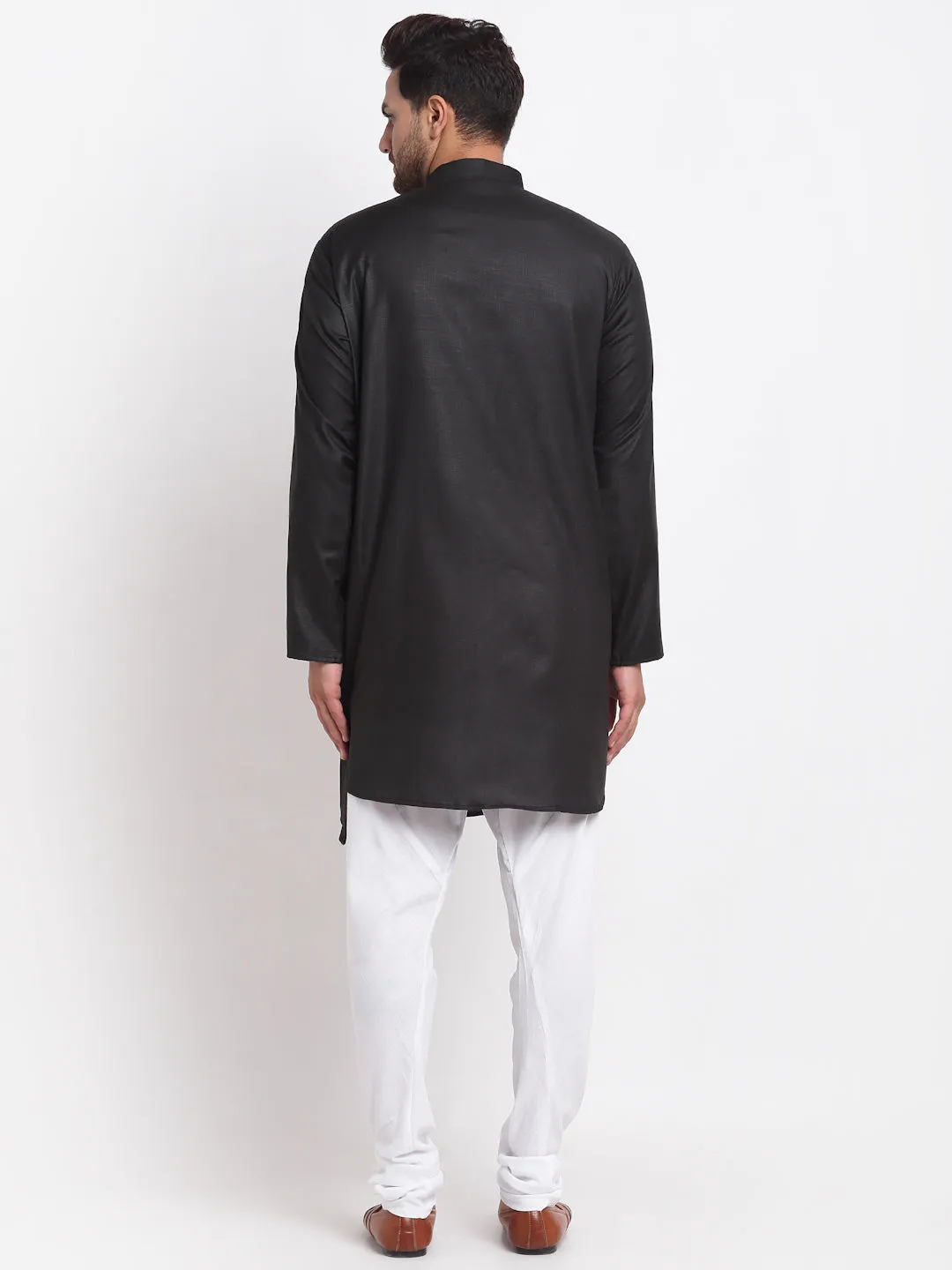 Men's Black Solid Angrakha Kurta With White Churidaar Pyjama - Benstoke