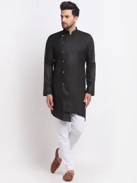 Men's Black Solid Angrakha Kurta With White Churidaar Pyjama - Benstoke