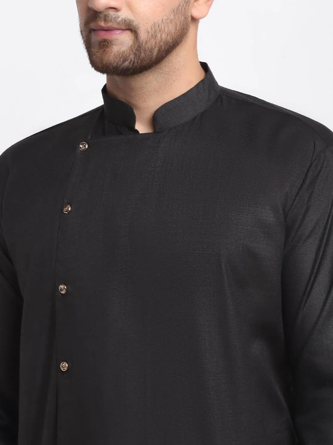 Men's Black Solid Angrakha Kurta With White Churidaar Pyjama - Benstoke