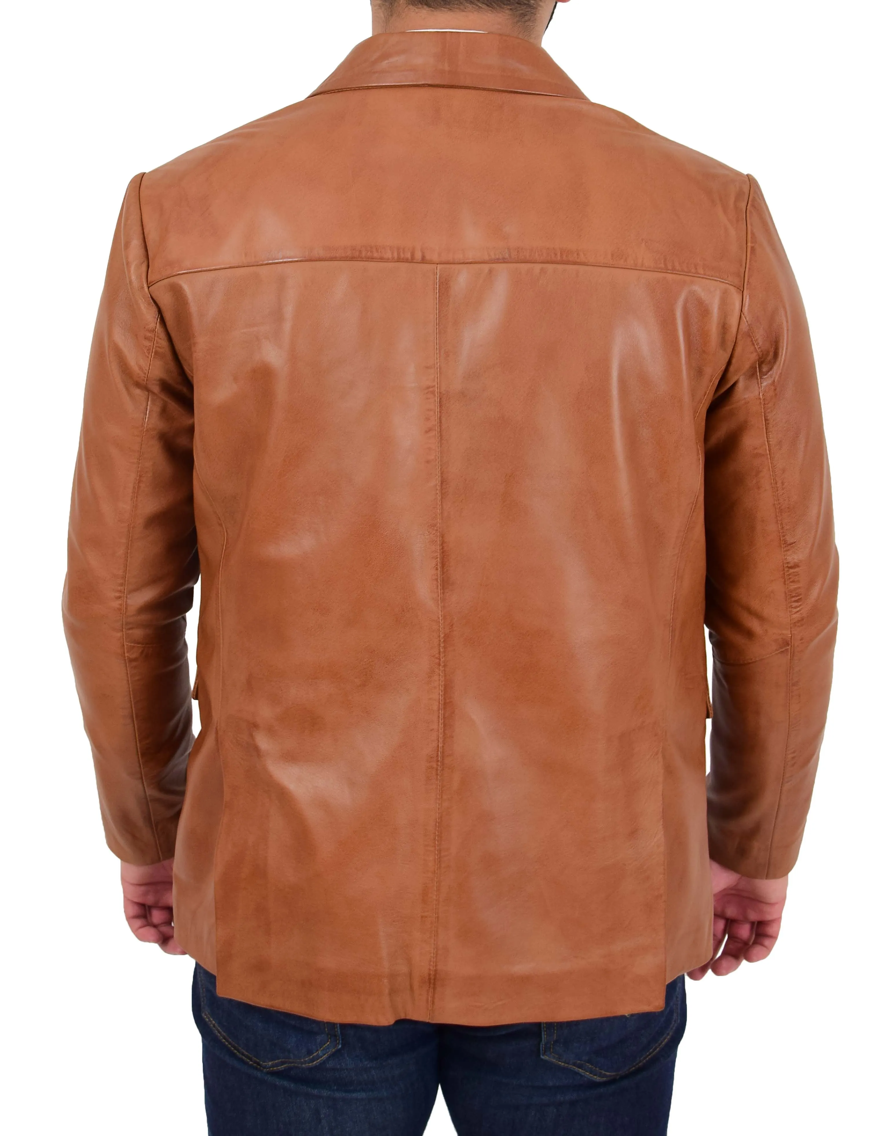 Mens Blazer Leather Jacket Fitted 2 Button Fasten Donnie Tan