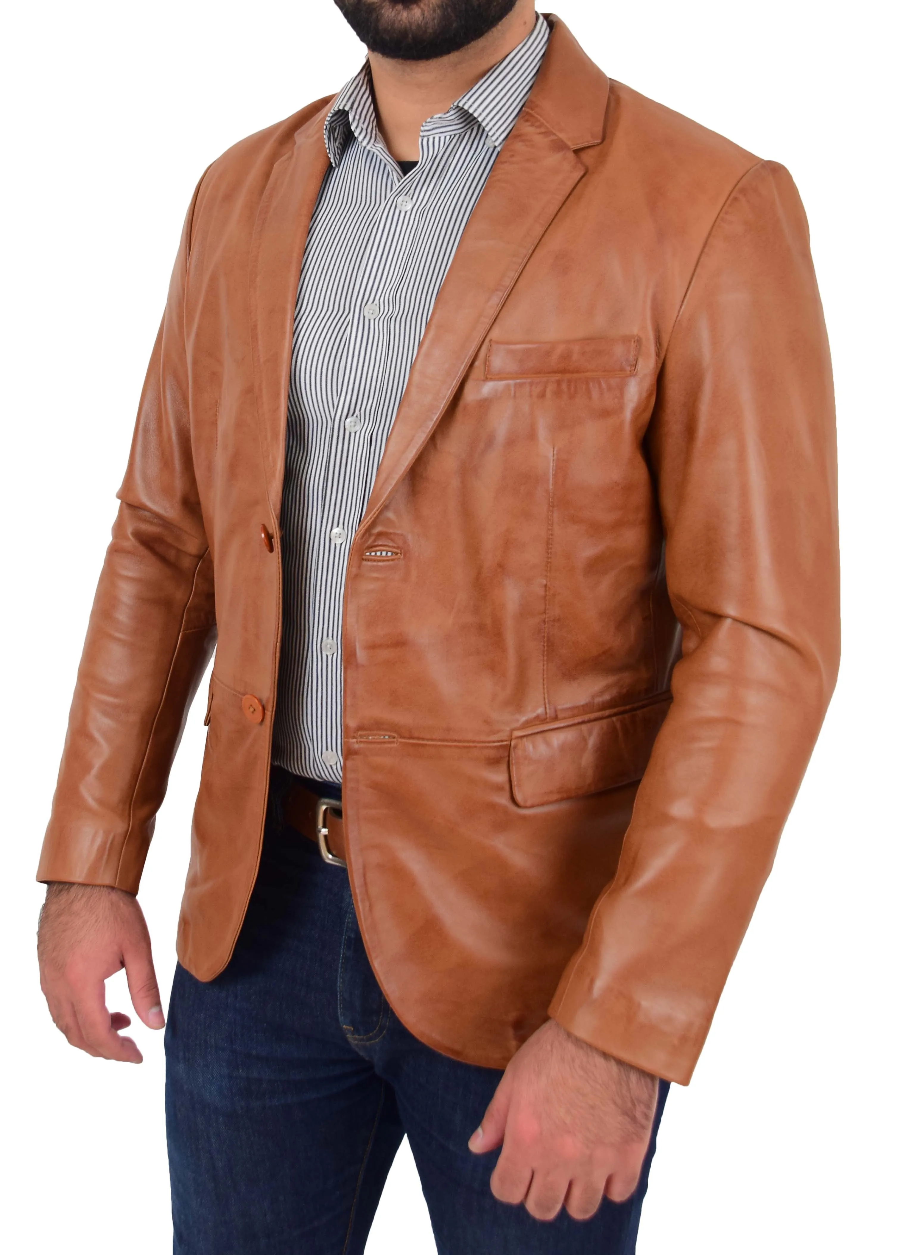 Mens Blazer Leather Jacket Fitted 2 Button Fasten Donnie Tan