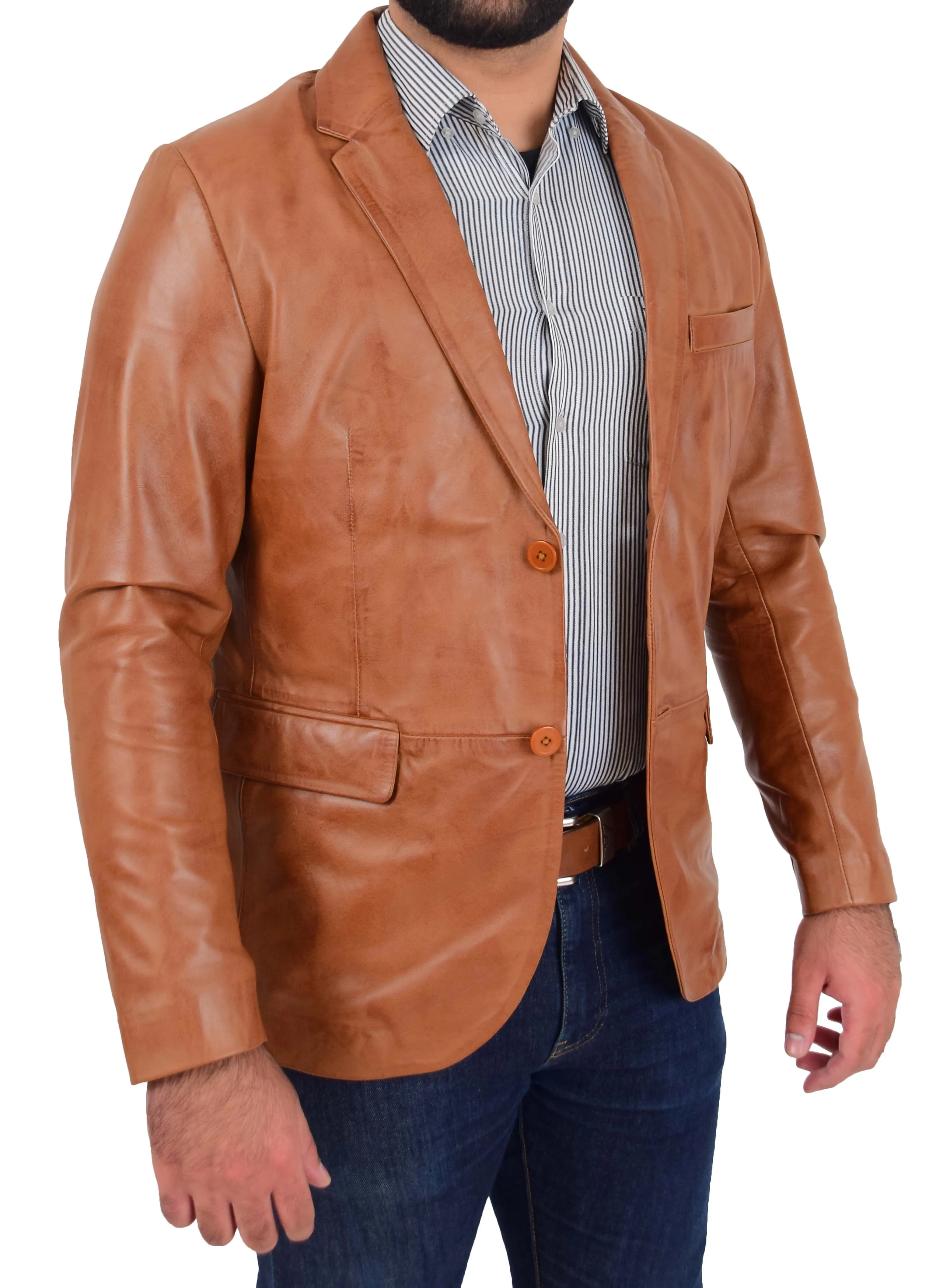 Mens Blazer Leather Jacket Fitted 2 Button Fasten Donnie Tan