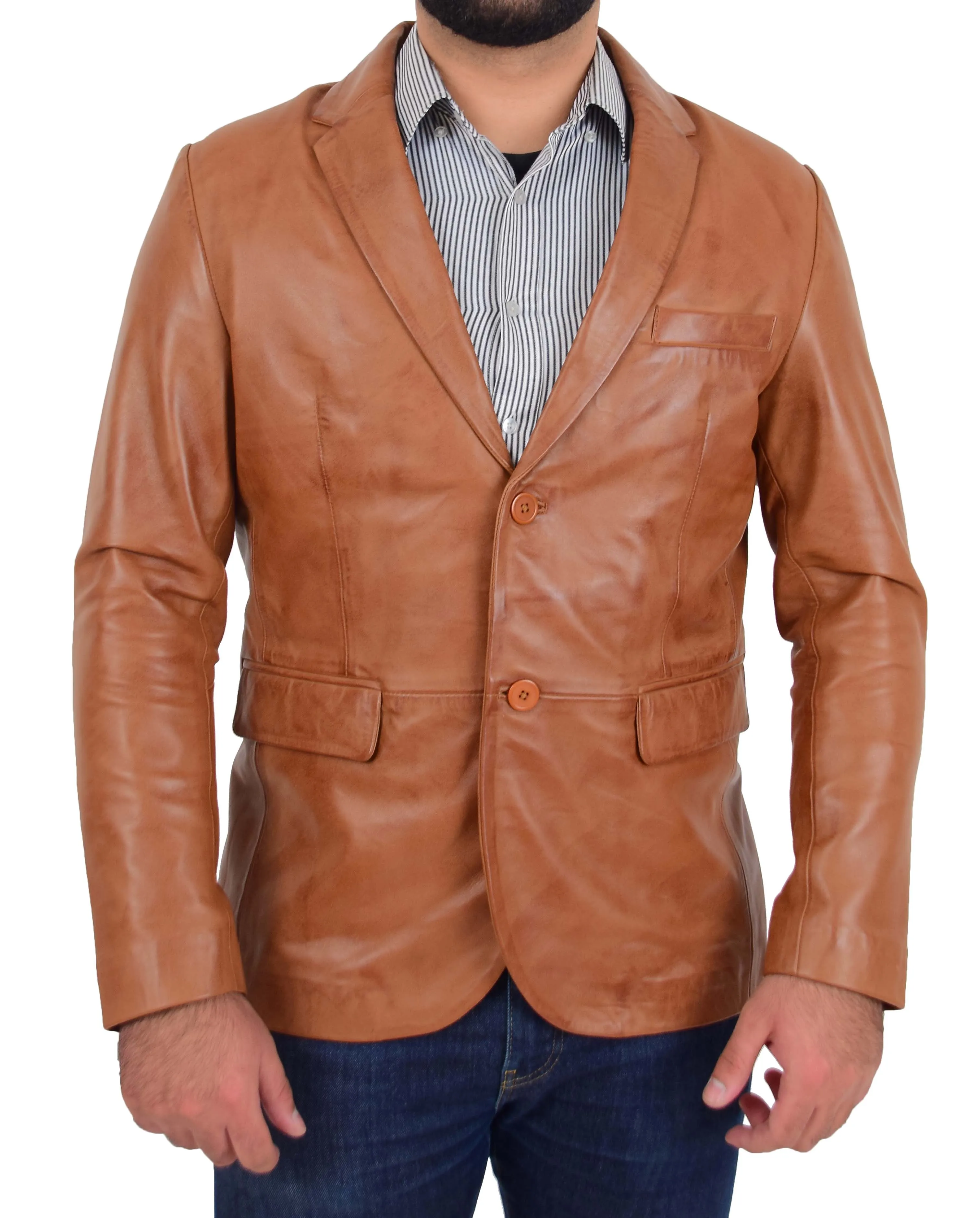 Mens Blazer Leather Jacket Fitted 2 Button Fasten Donnie Tan