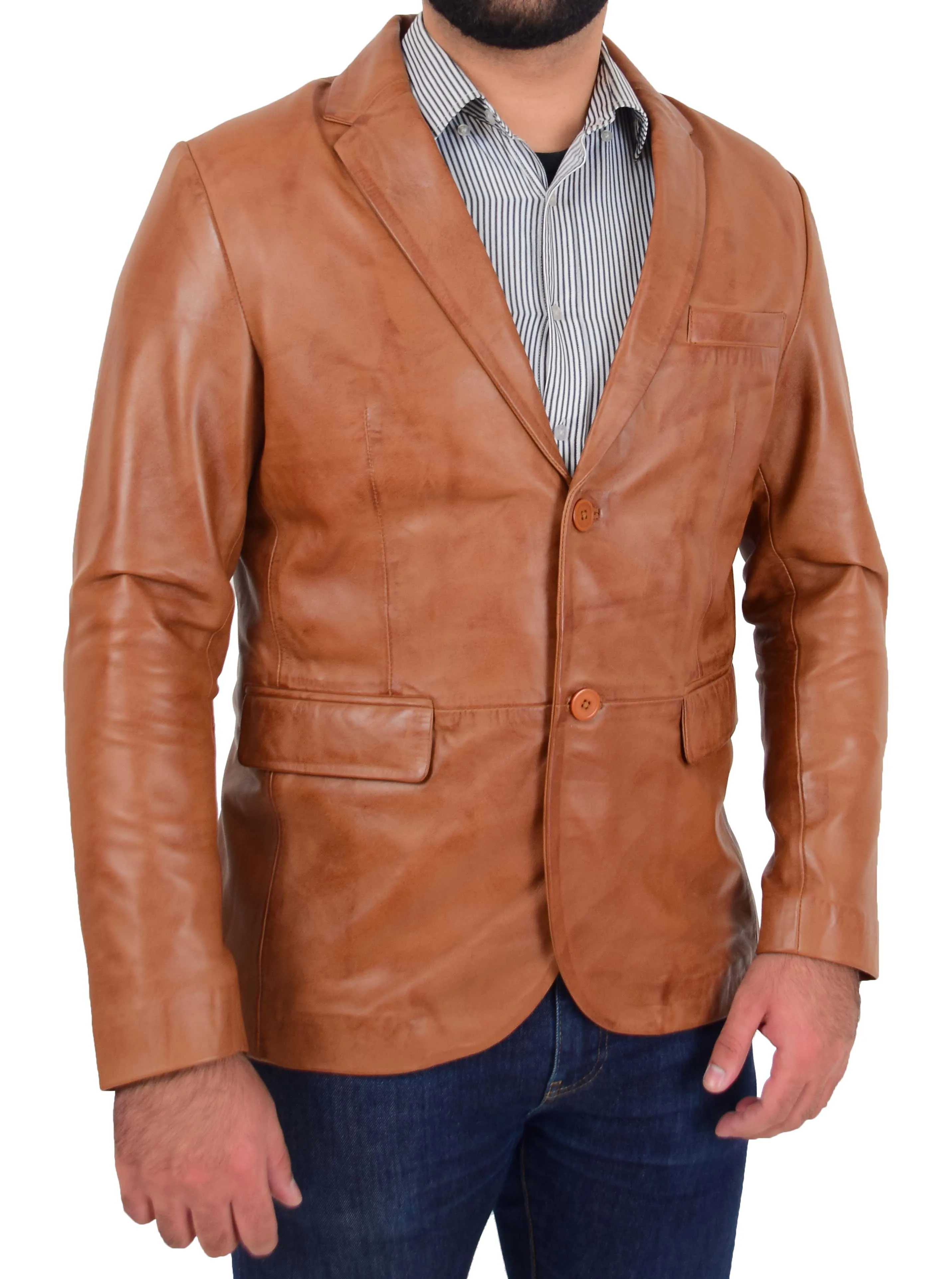 Mens Blazer Leather Jacket Fitted 2 Button Fasten Donnie Tan