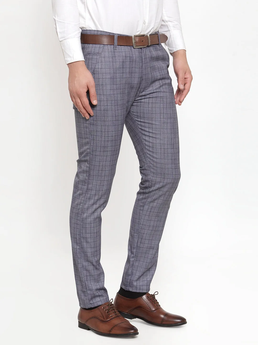 Men's Blue Checked Formal Trousers ( GP 254Blue ) - Jainish