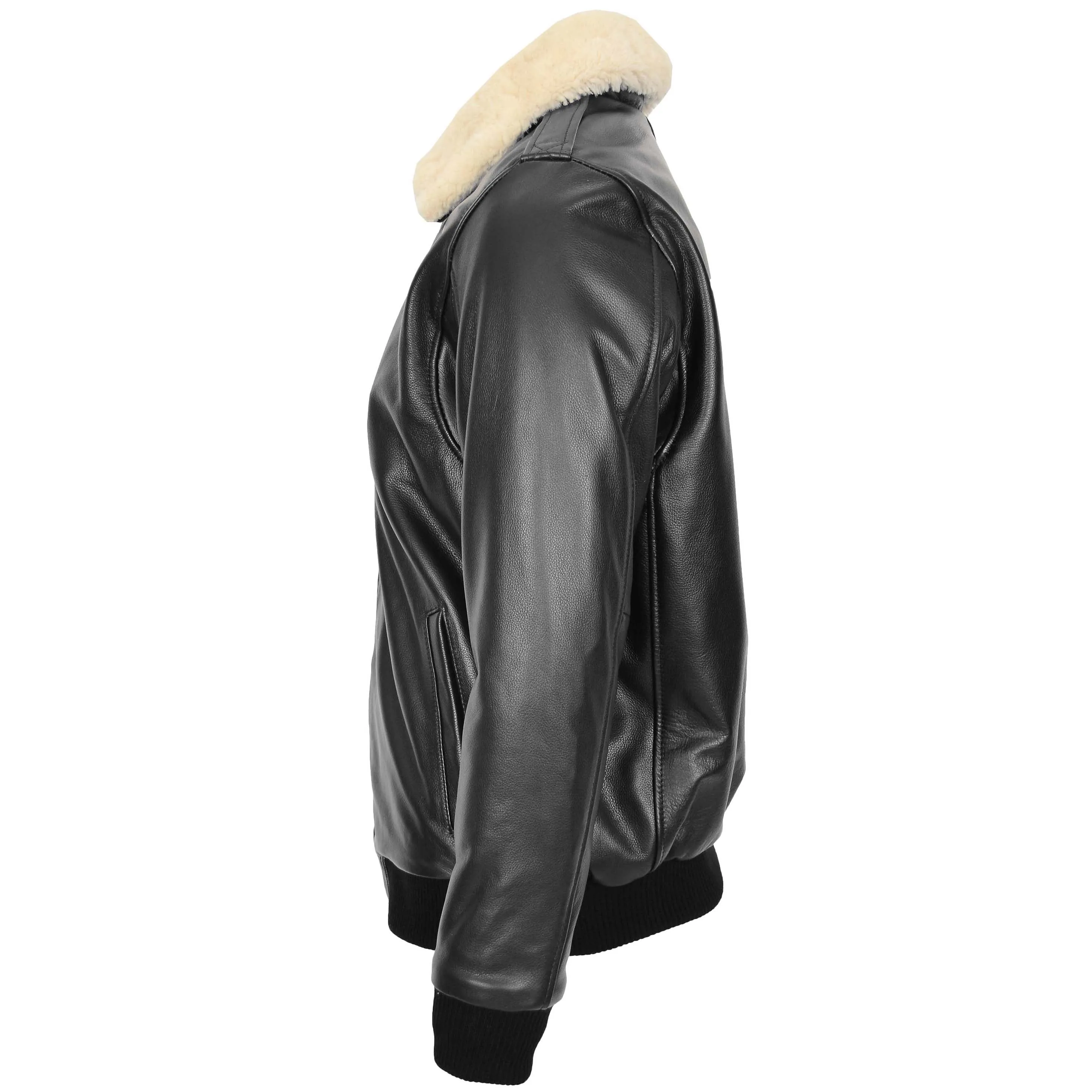 Mens Bomber Leather Jacket with Sheepskin Collar Viggo Black