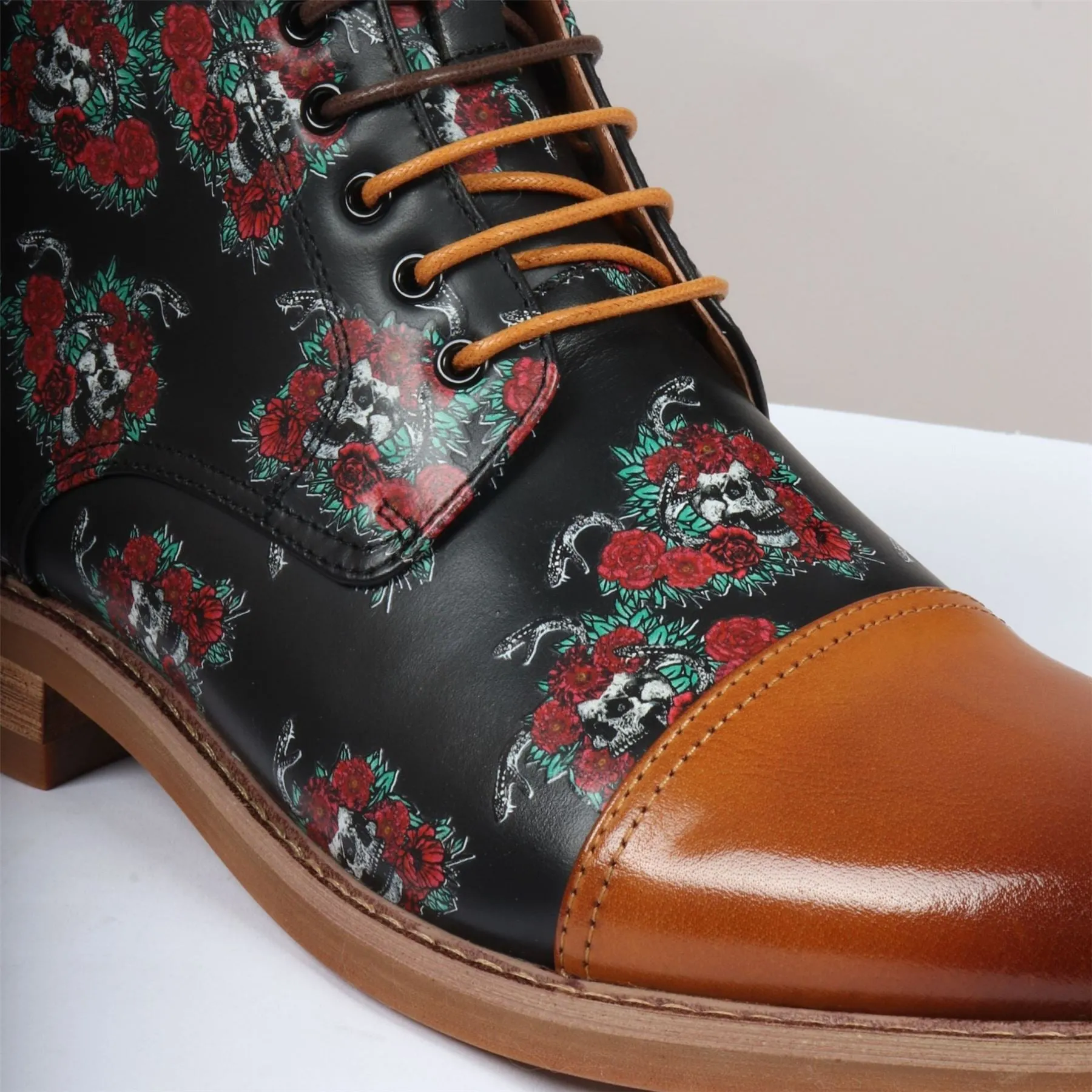 Men's Boot Brown Oxford Floral Skull Print Lace Up Leather Dress Ankle Boots