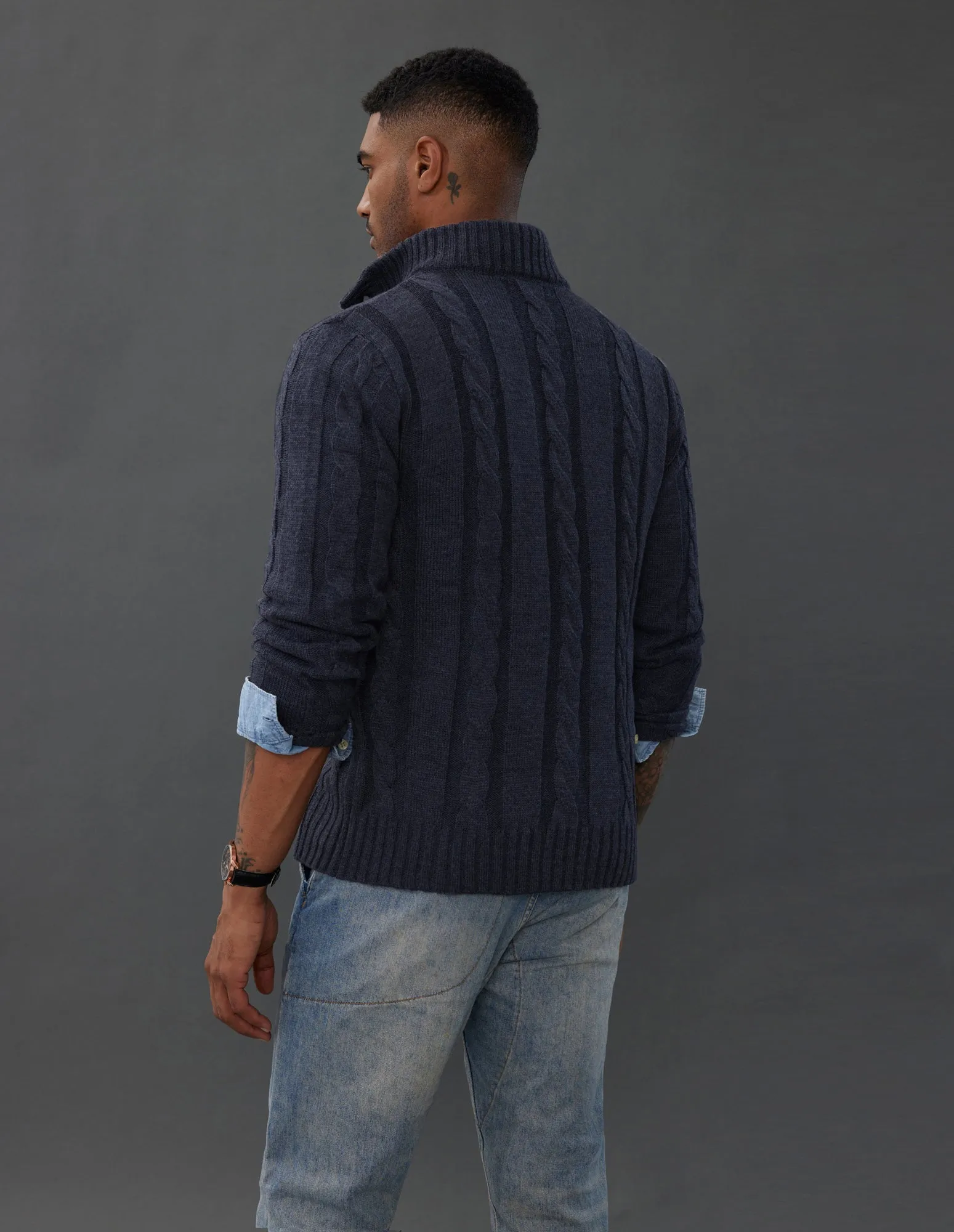 Men's Cardigan with Button Closure, Cable Knit Cardigan with Ribbed Stand-Up Collar for Autumn Winter