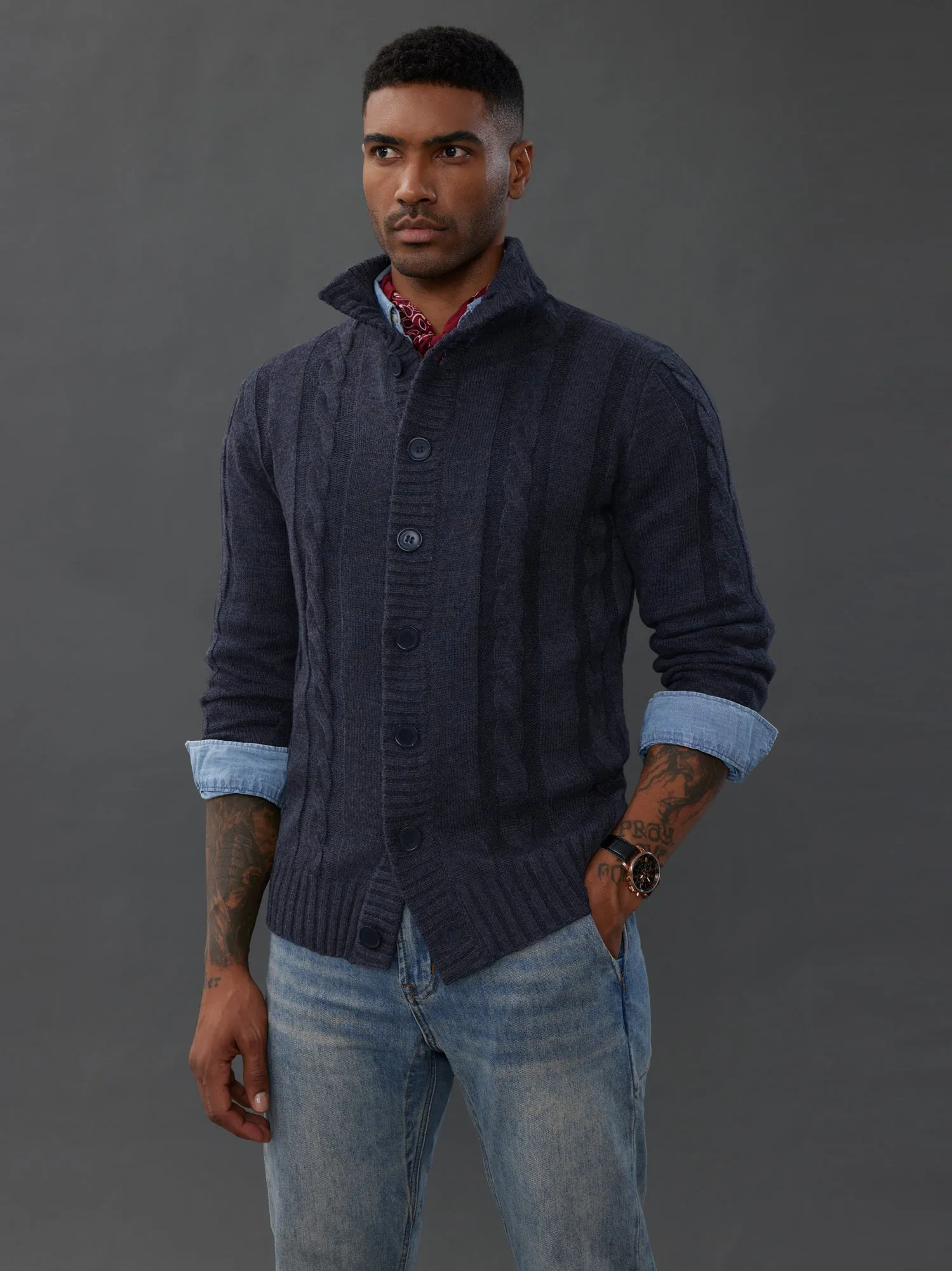 Men's Cardigan with Button Closure, Cable Knit Cardigan with Ribbed Stand-Up Collar for Autumn Winter