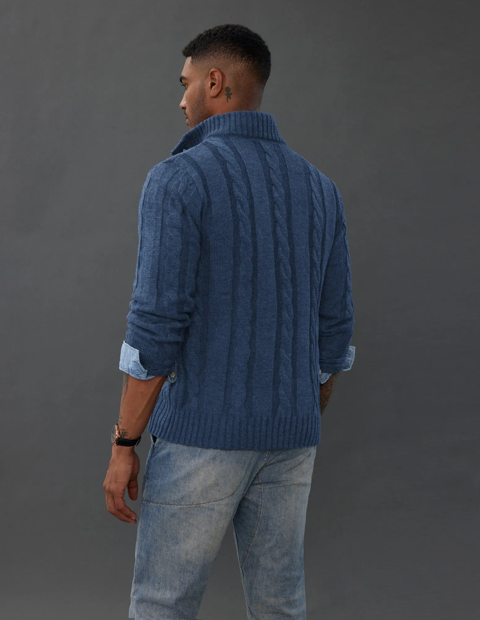 Men's Cardigan with Button Closure, Cable Knit Cardigan with Ribbed Stand-Up Collar for Autumn Winter