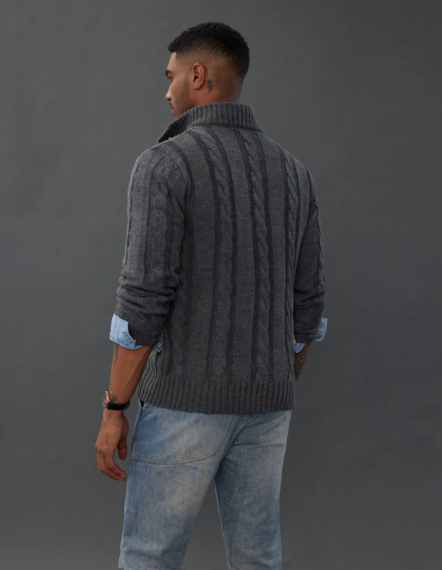 Men's Cardigan with Button Closure, Cable Knit Cardigan with Ribbed Stand-Up Collar for Autumn Winter