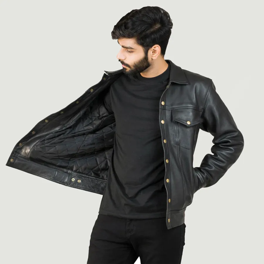 Men's Chest Pockets Leather Jacket with Collar