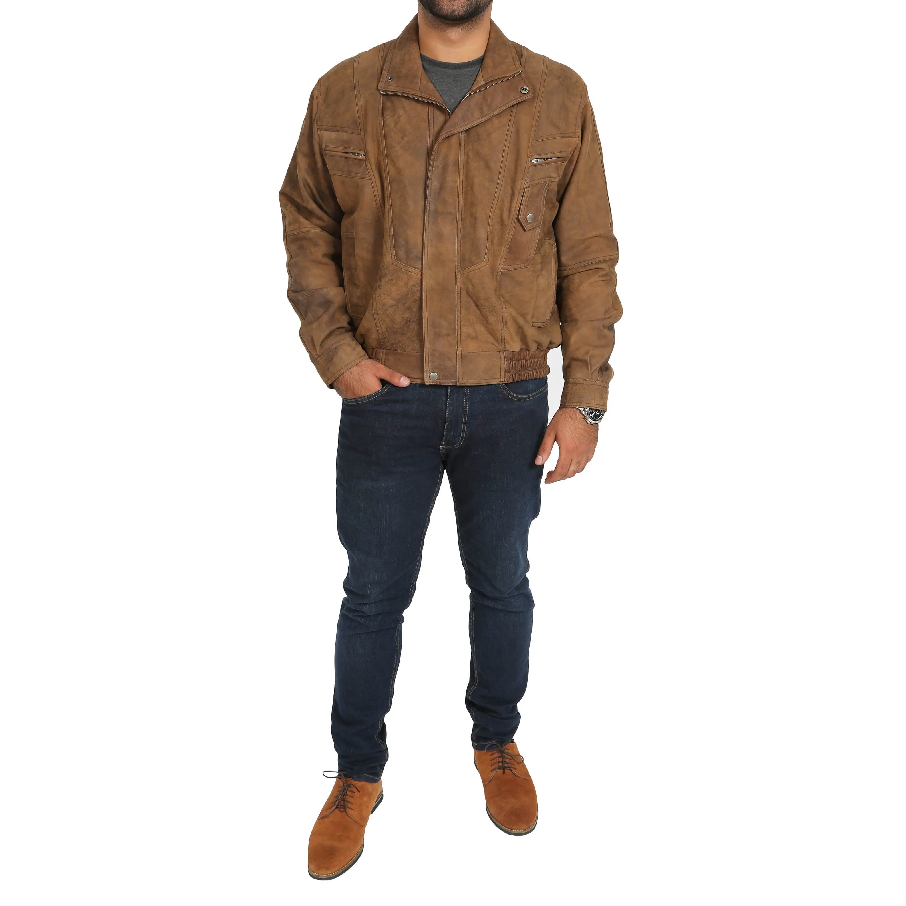 Mens Classic Bomber Nubuck Leather Jacket Alan Brown