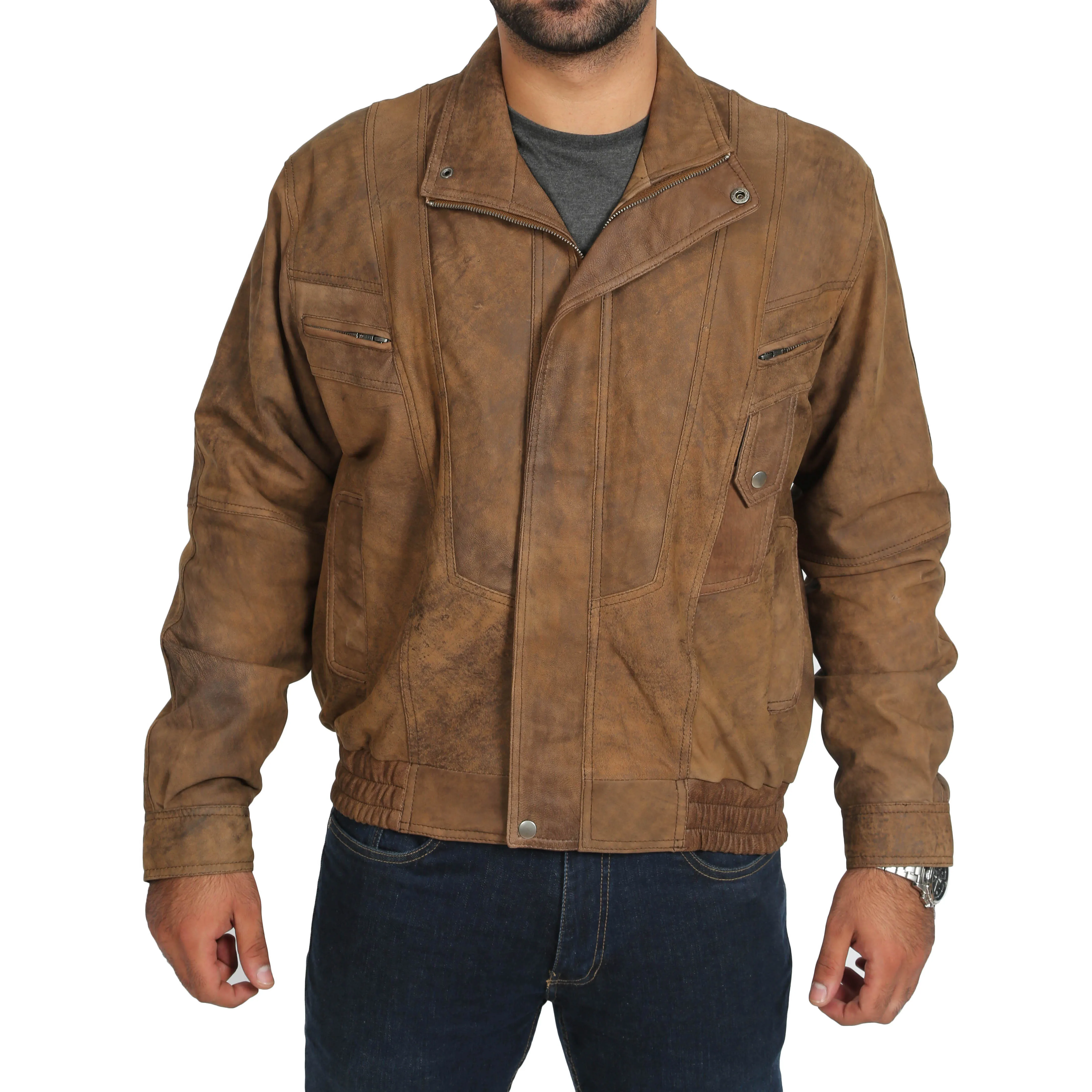 Mens Classic Bomber Nubuck Leather Jacket Alan Brown