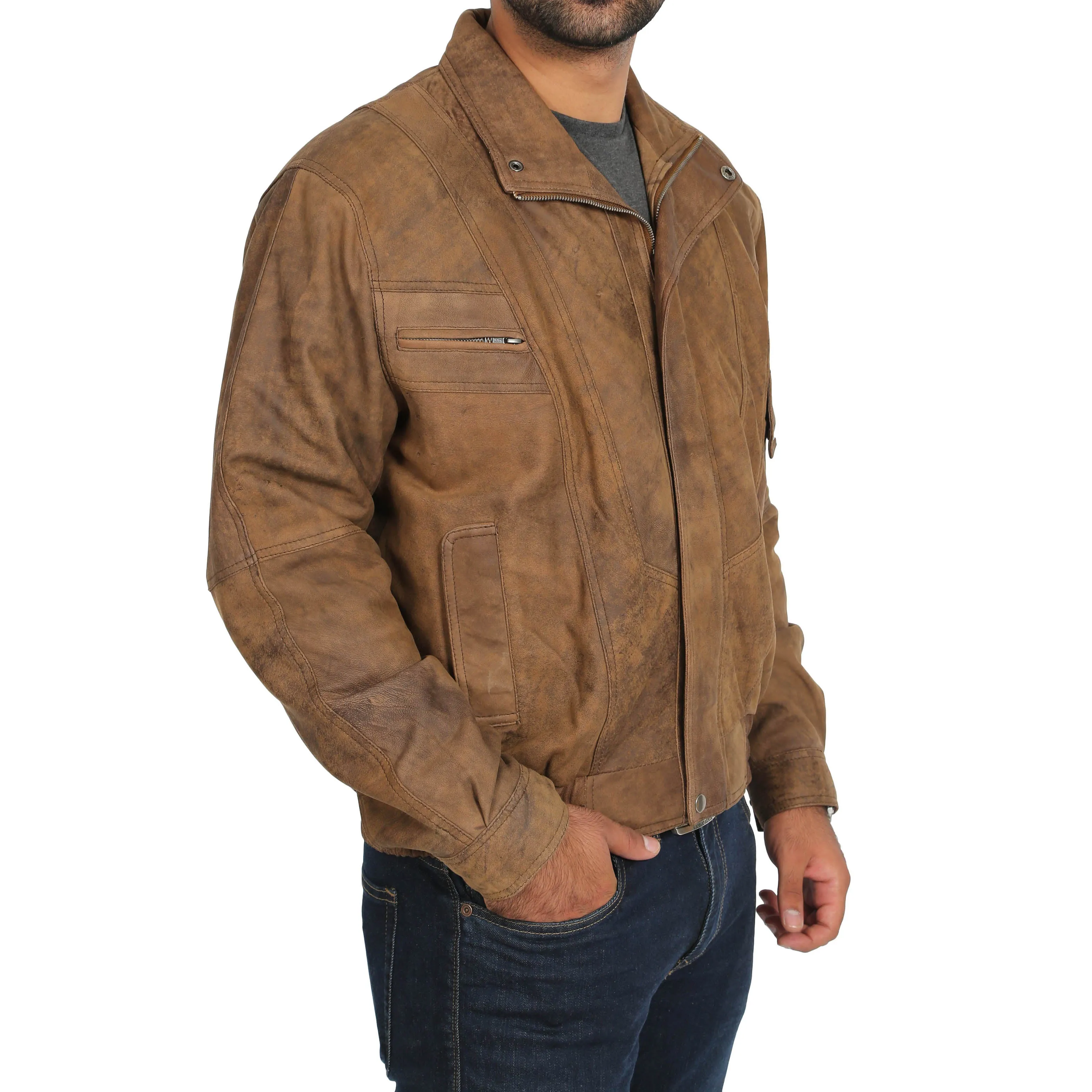 Mens Classic Bomber Nubuck Leather Jacket Alan Brown