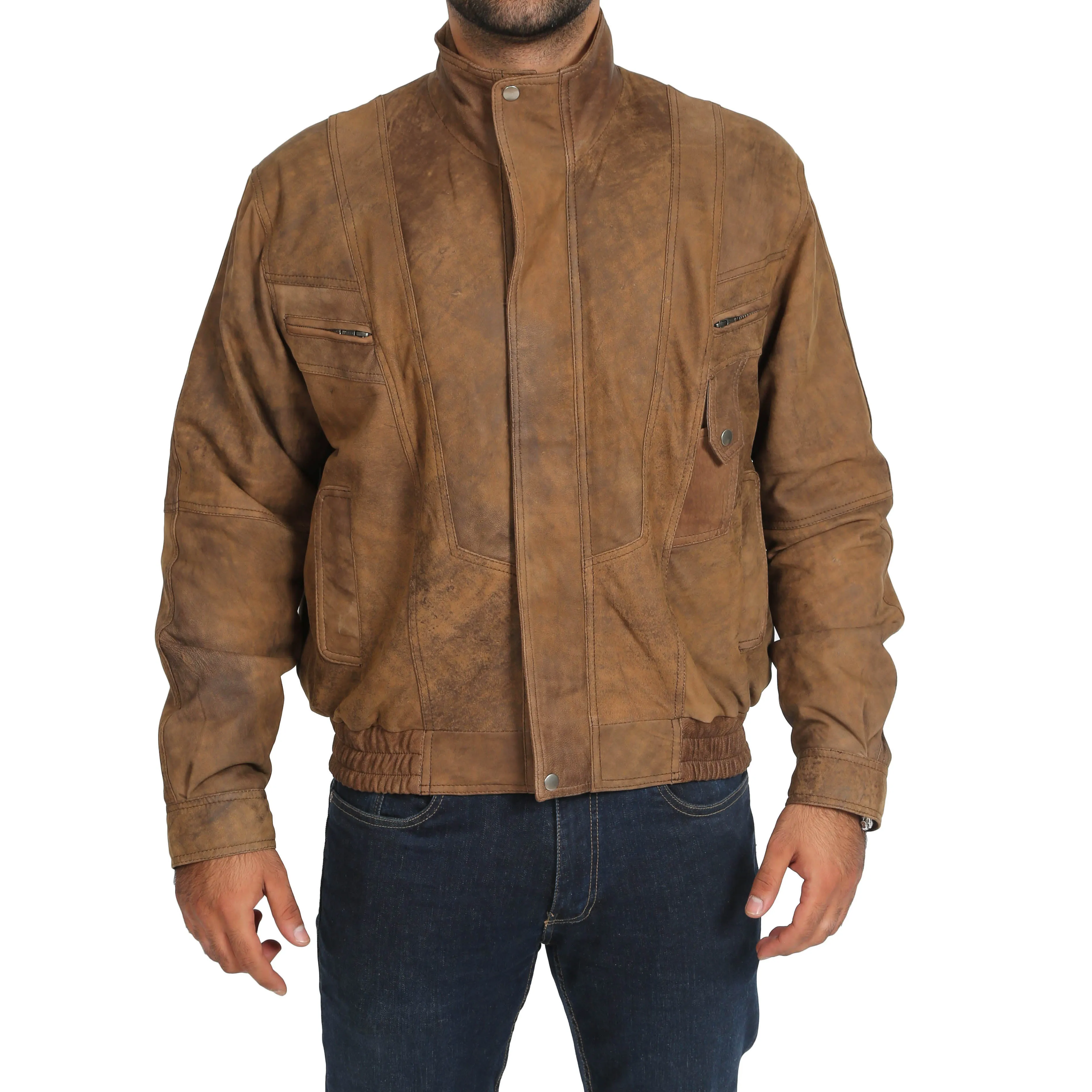 Mens Classic Bomber Nubuck Leather Jacket Alan Brown