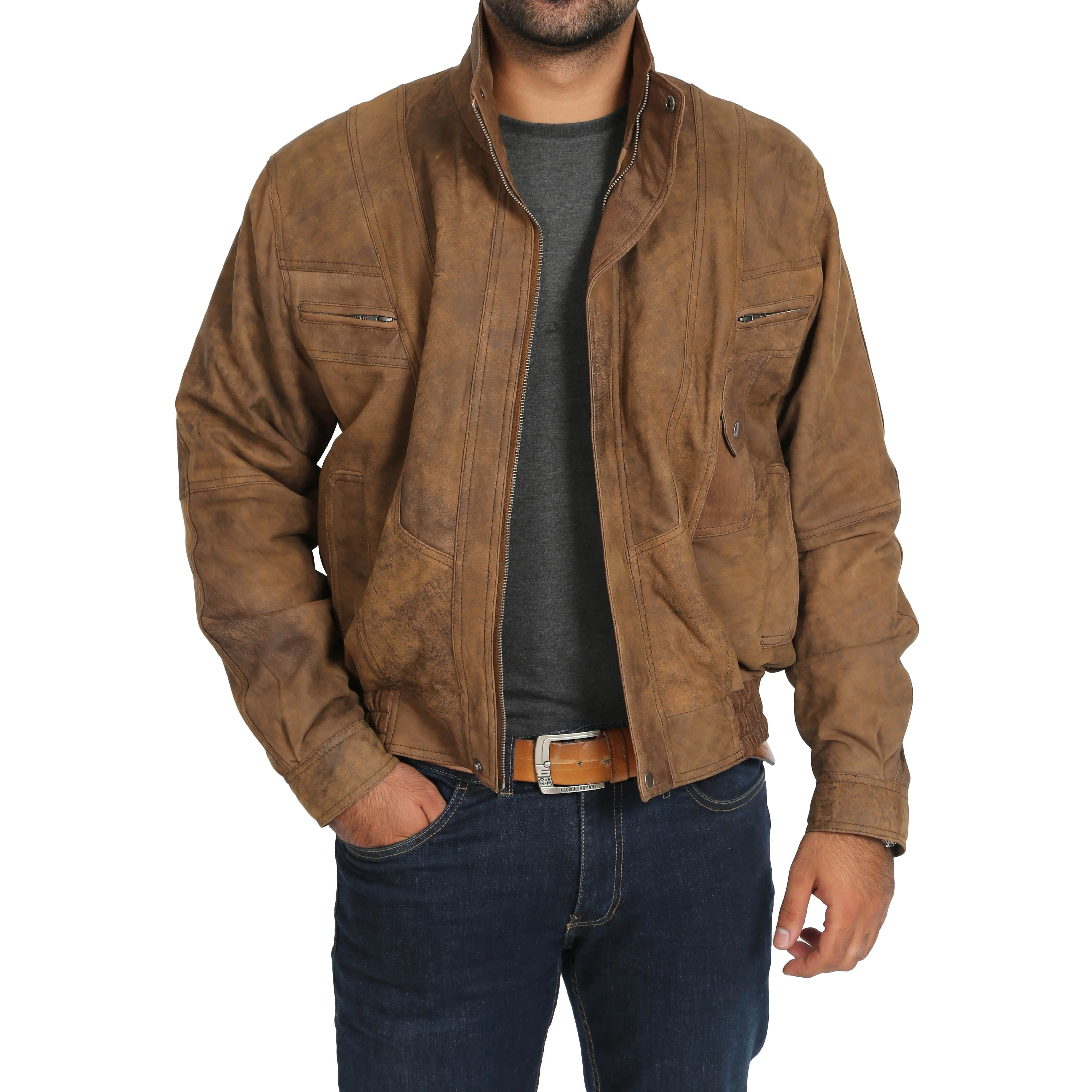 Mens Classic Bomber Nubuck Leather Jacket Alan Brown