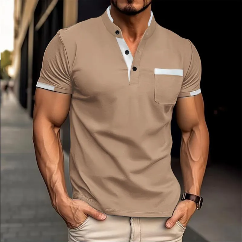 Men's Colorblock Henley Collar Chest Pocket Short Sleeve T-shirt 07928054Z