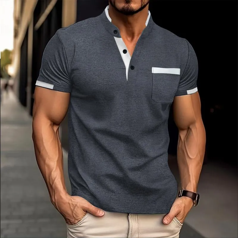 Men's Colorblock Henley Collar Chest Pocket Short Sleeve T-shirt 07928054Z