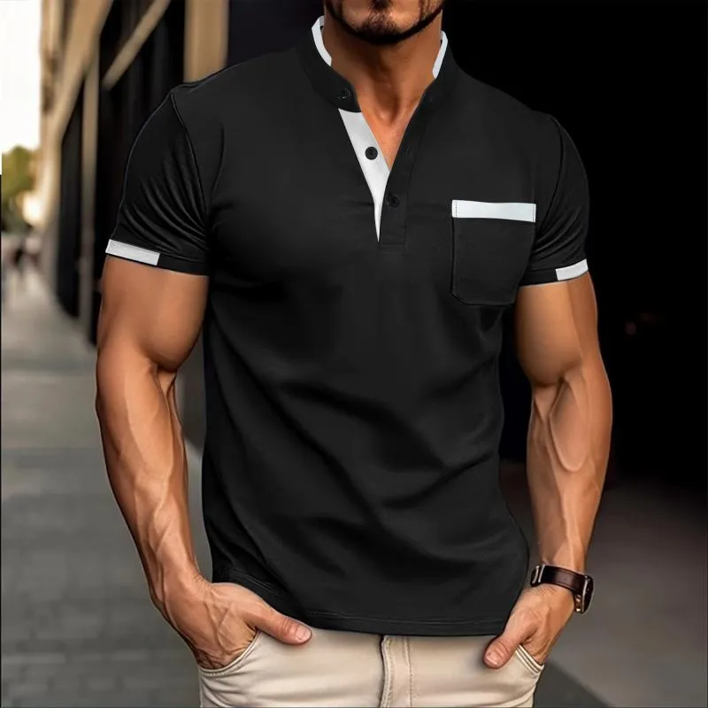 Men's Colorblock Henley Collar Chest Pocket Short Sleeve T-shirt 07928054Z