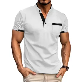 Men's Colorblock Henley Collar Chest Pocket Short Sleeve T-shirt 07928054Z