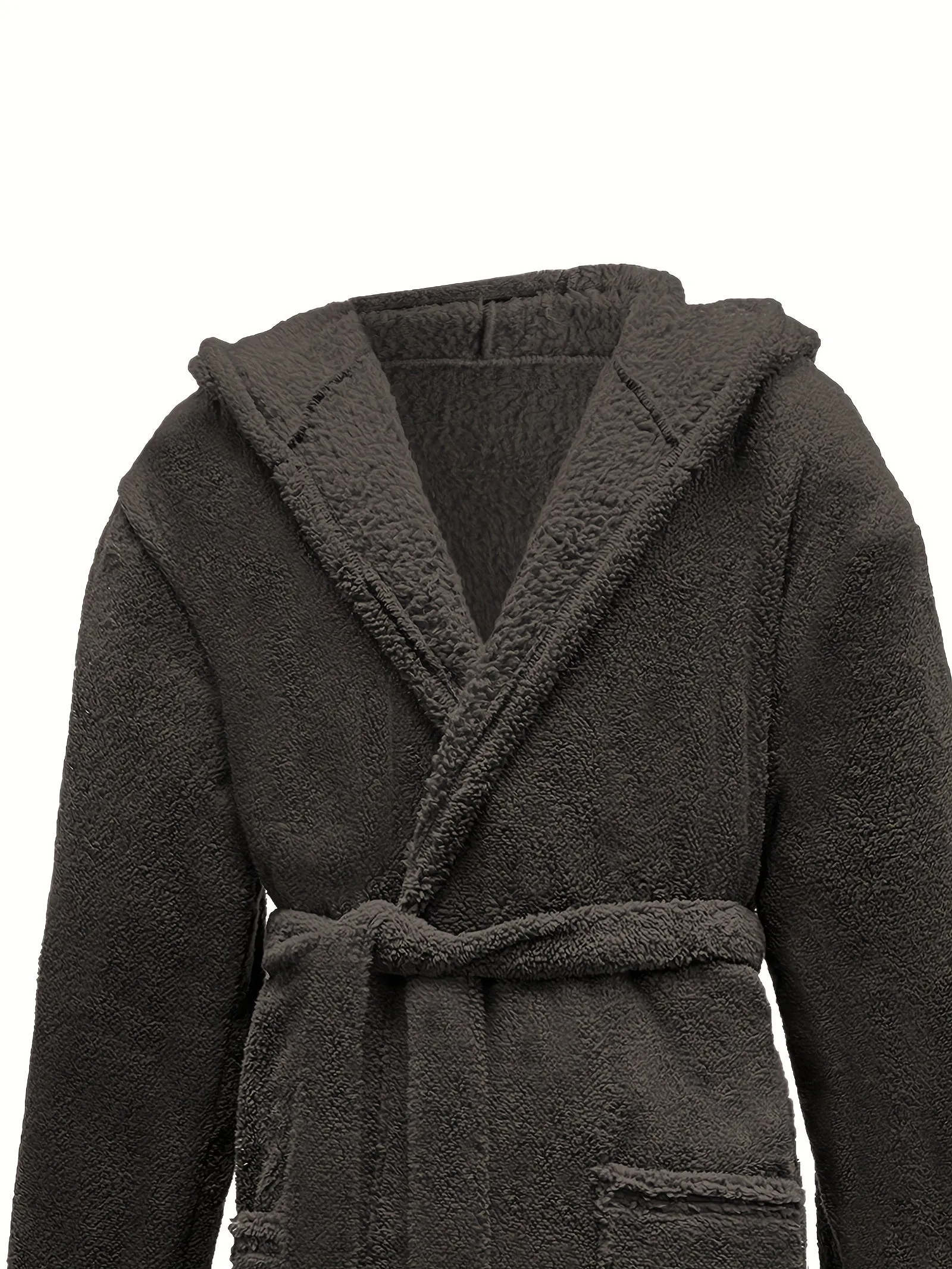 Men's Comfy Loose Solid Fleece Robe Home Pajamas Wear With Pocket One-piece Lace Up Kimono Night-robe Warm Sets After Bath