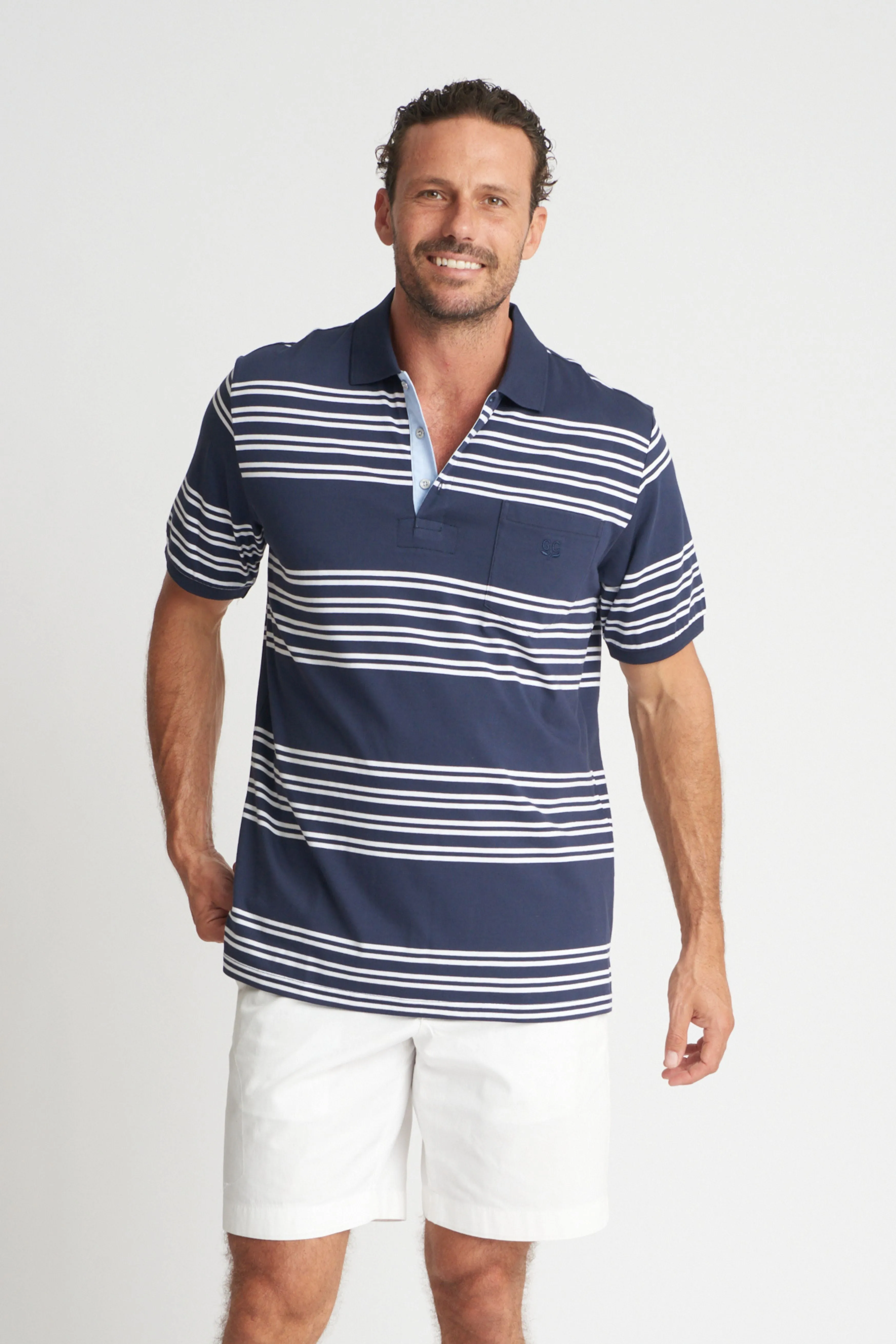 Mens Cotton Stripe Polo Navy/White