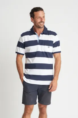 Mens Cotton Stripe Polo White/Navy