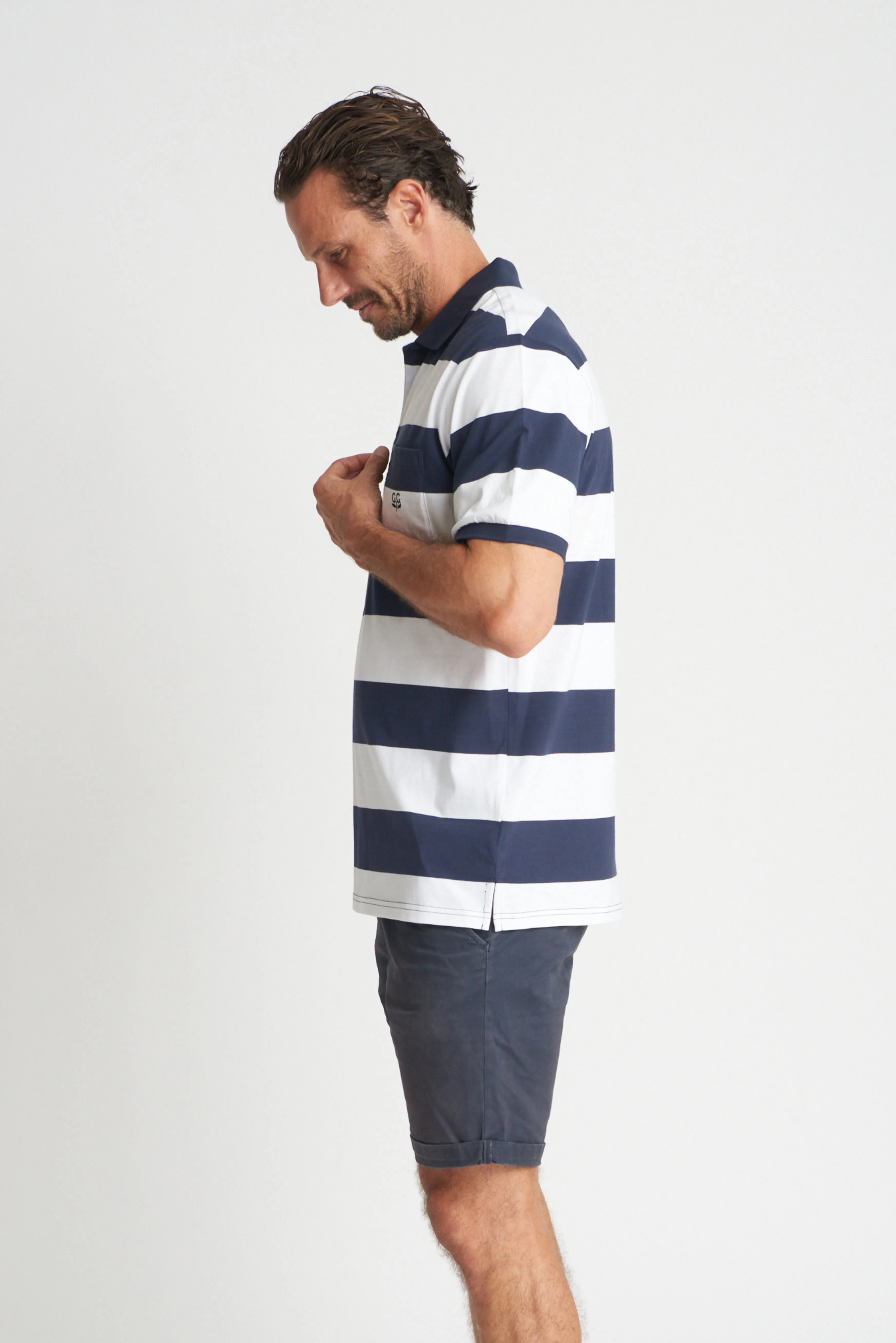 Mens Cotton Stripe Polo White/Navy