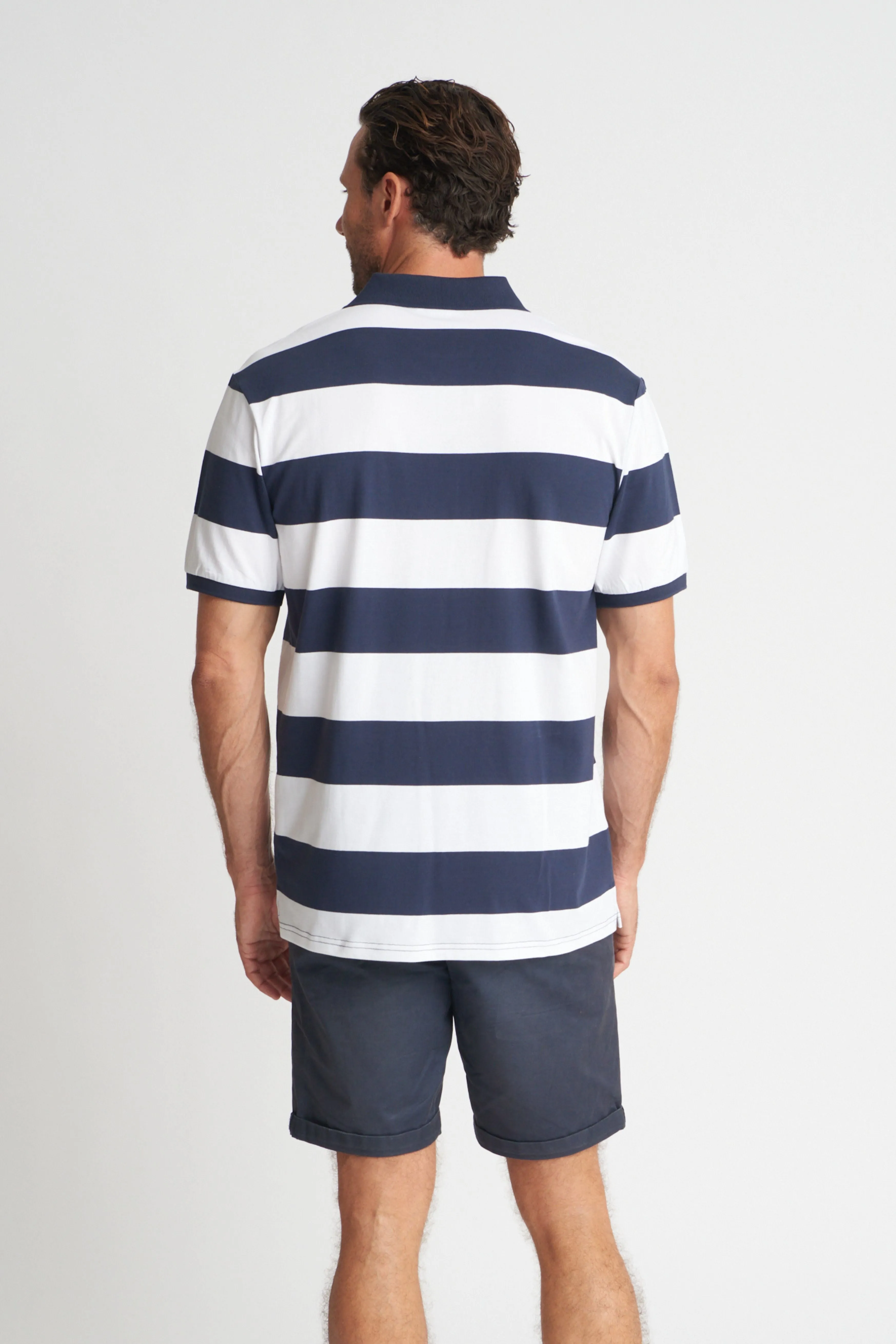 Mens Cotton Stripe Polo White/Navy