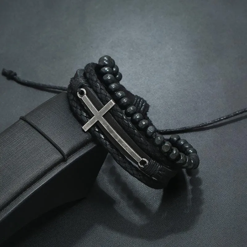 Men's Cross Bracelet <br> Beads and Leather