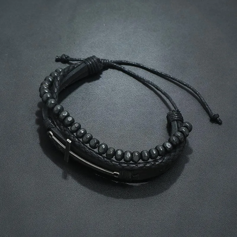 Men's Cross Bracelet <br> Beads and Leather