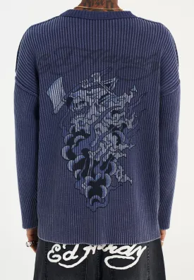 Mens Death Fighter Knitted Rib Relaxed Jumper - Navy