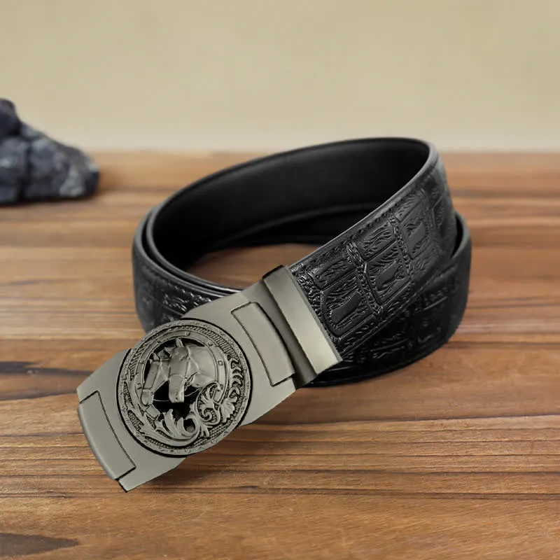 Men's DIY Gray Horse Head Automatic Buckle Leather Belt