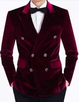 Mens Double Breasted Six Button Velvet Blazer - Burgundy Tuxedo