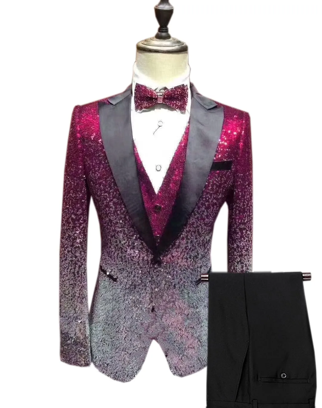 Men's Fashion Gradient Sequined Tuxedo Suit Peak Lapel Men's Suit (Blazer   Vest   Pants)