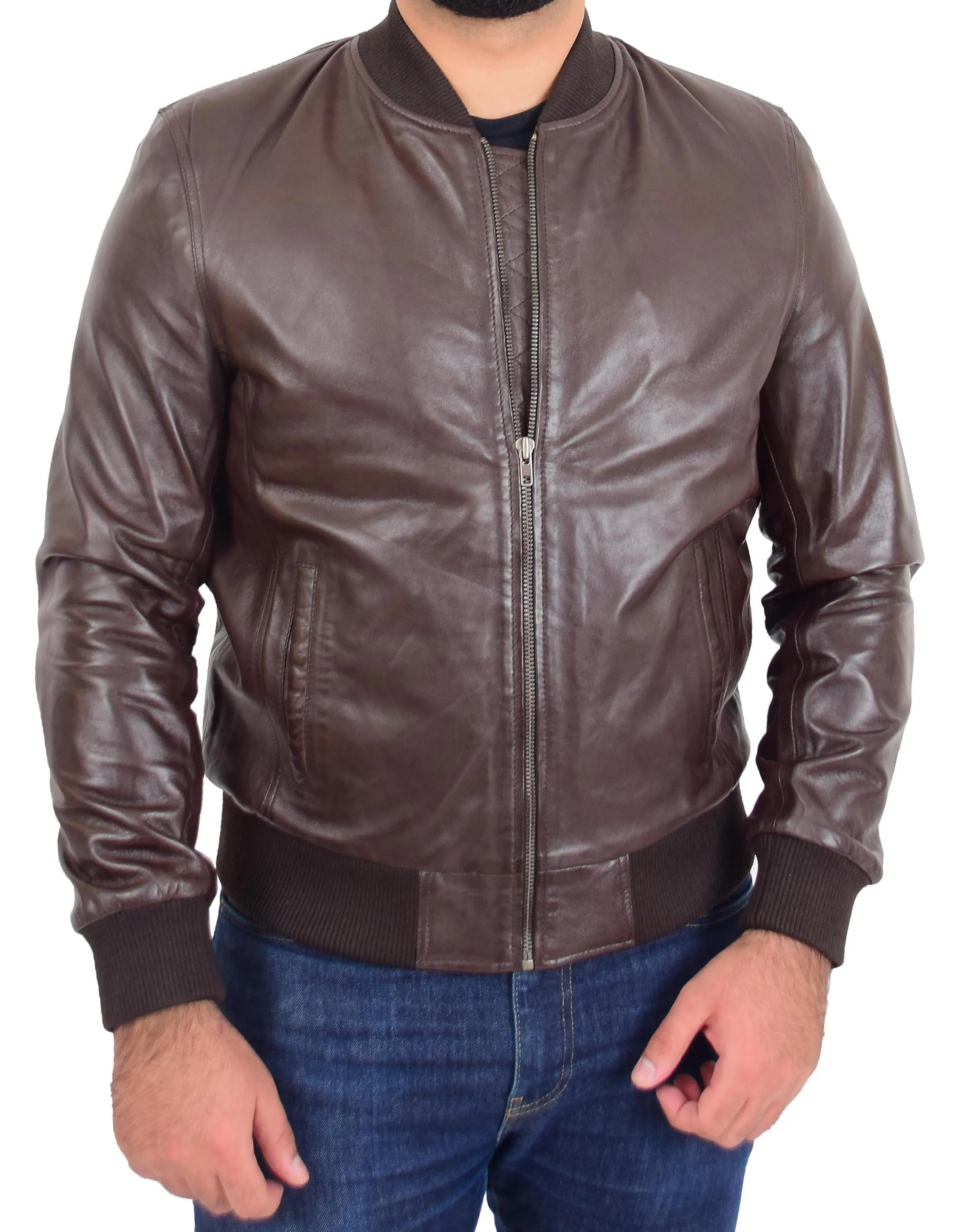 Mens Genuine Leather Bomber Jacket Jaxson Brown