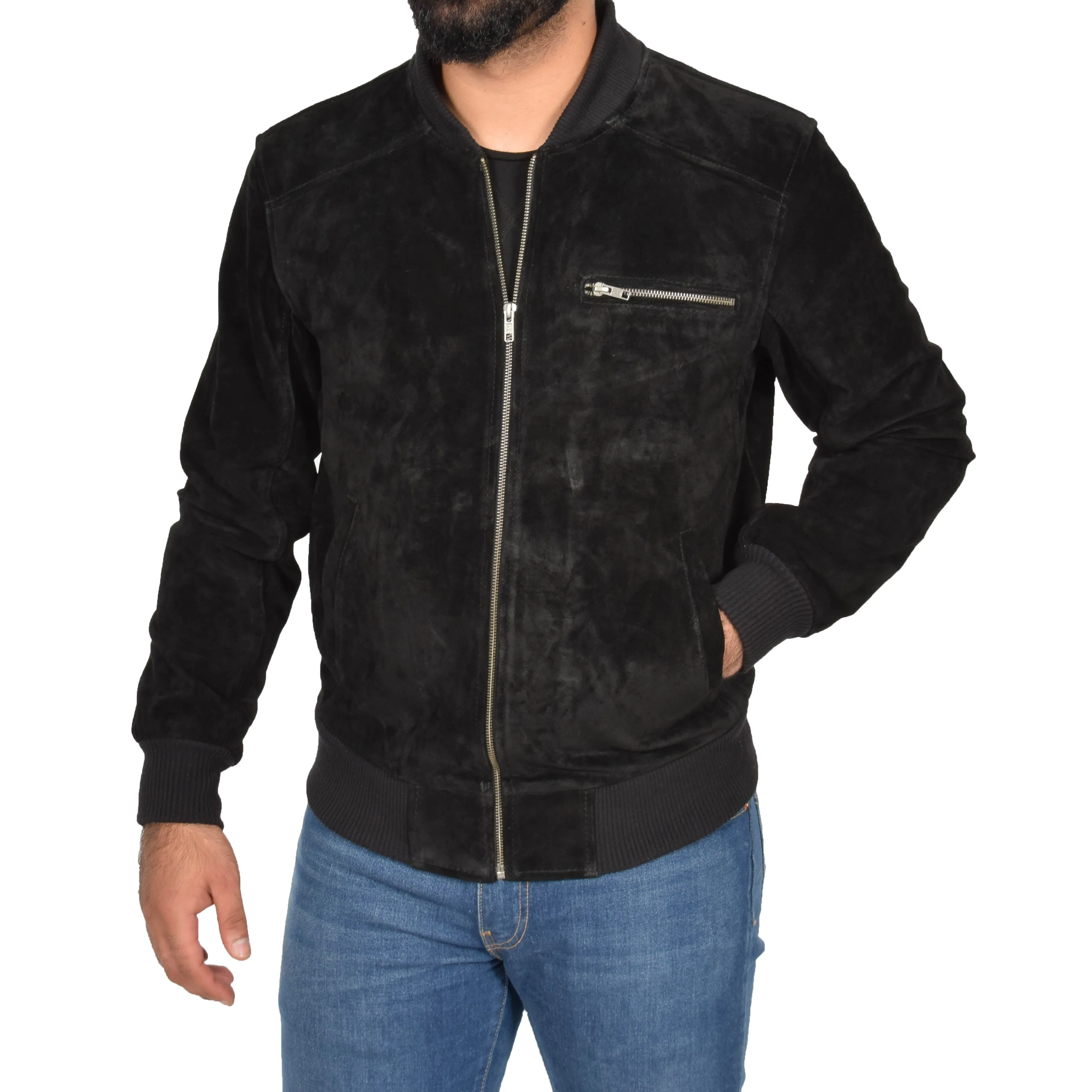 Mens Genuine Suede Bomber Jacket Roco Black