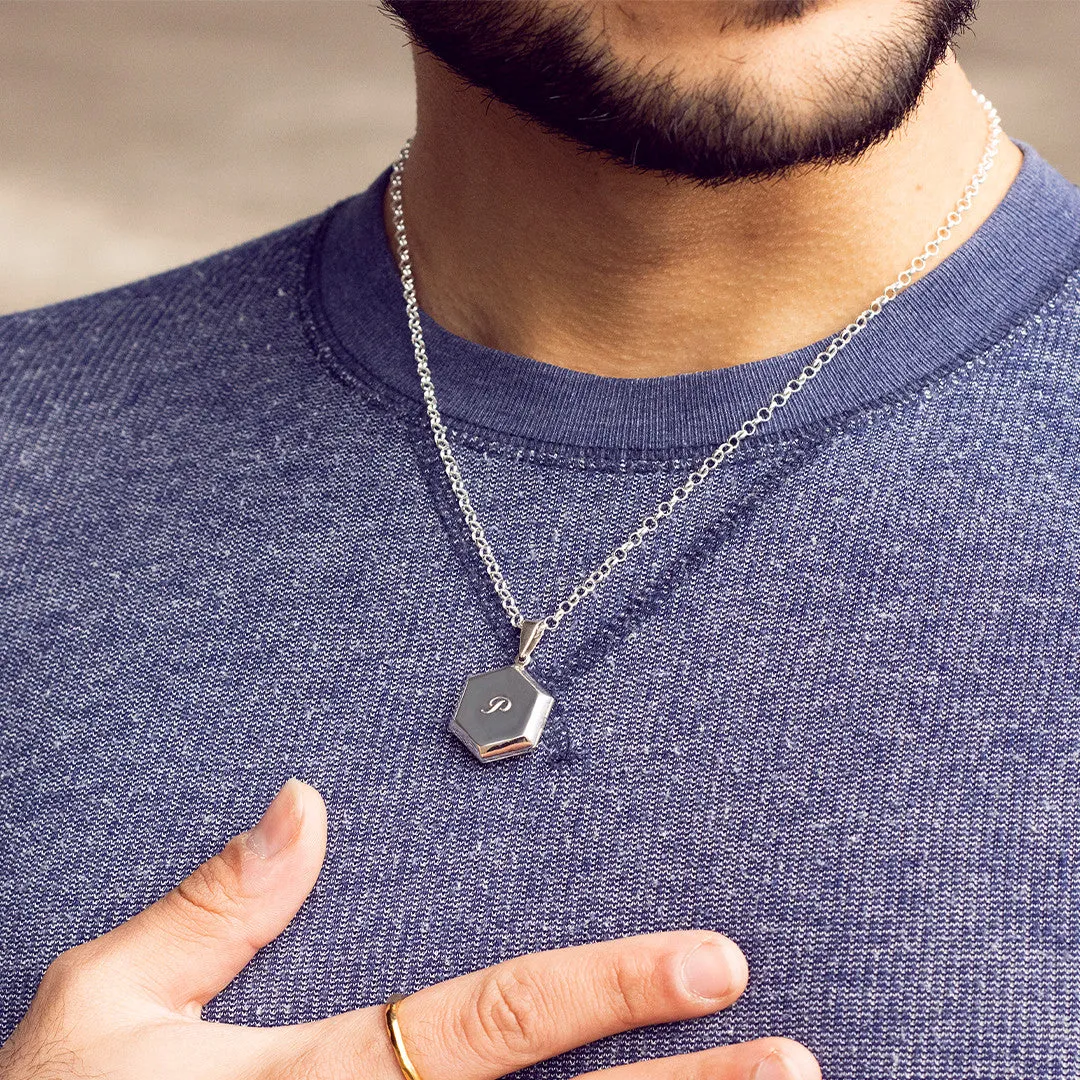 Men's Hexagon Locket Necklace | White Gold