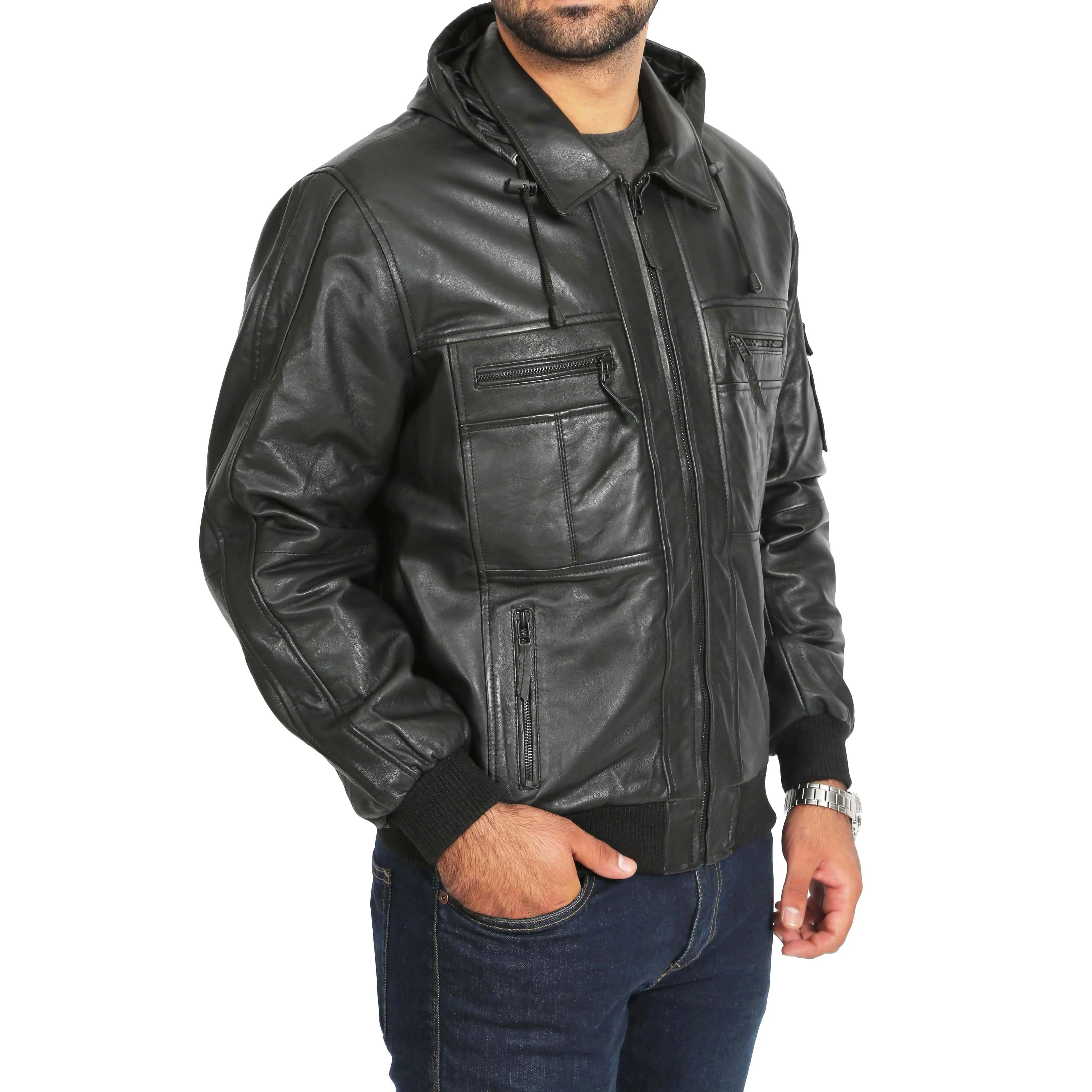 Mens Hooded Bomber Leather Jacket Seth Black