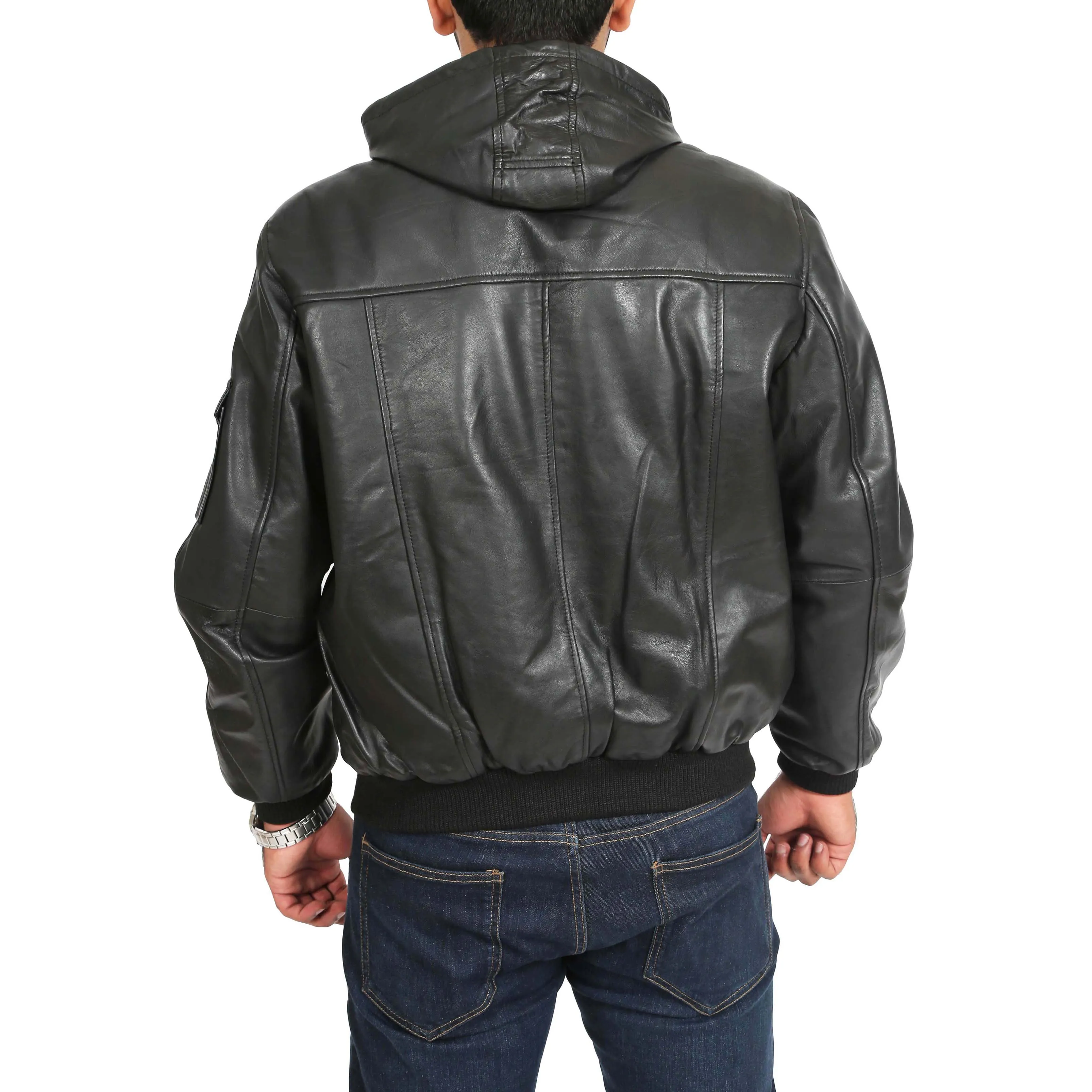 Mens Hooded Bomber Leather Jacket Seth Black