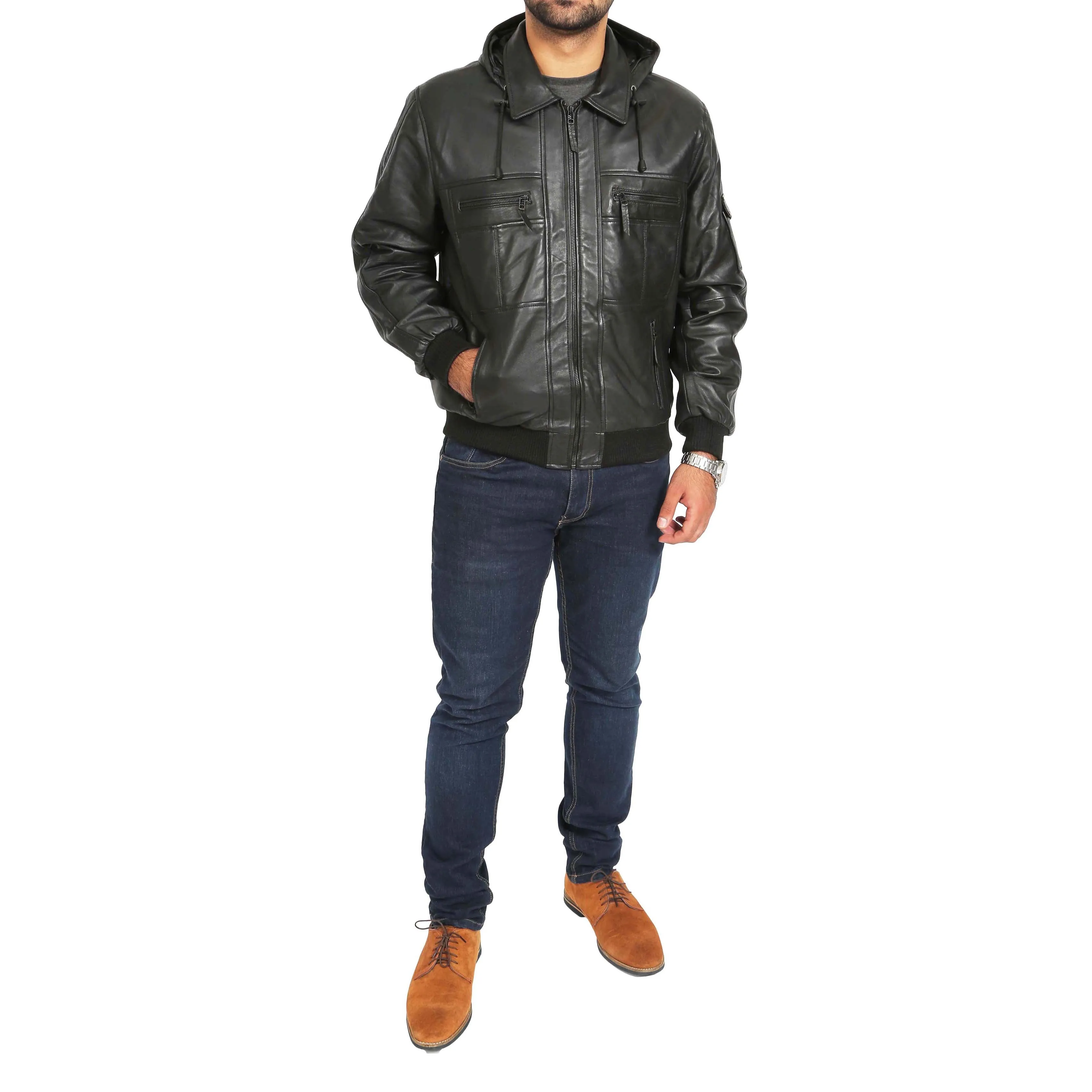 Mens Hooded Bomber Leather Jacket Seth Black