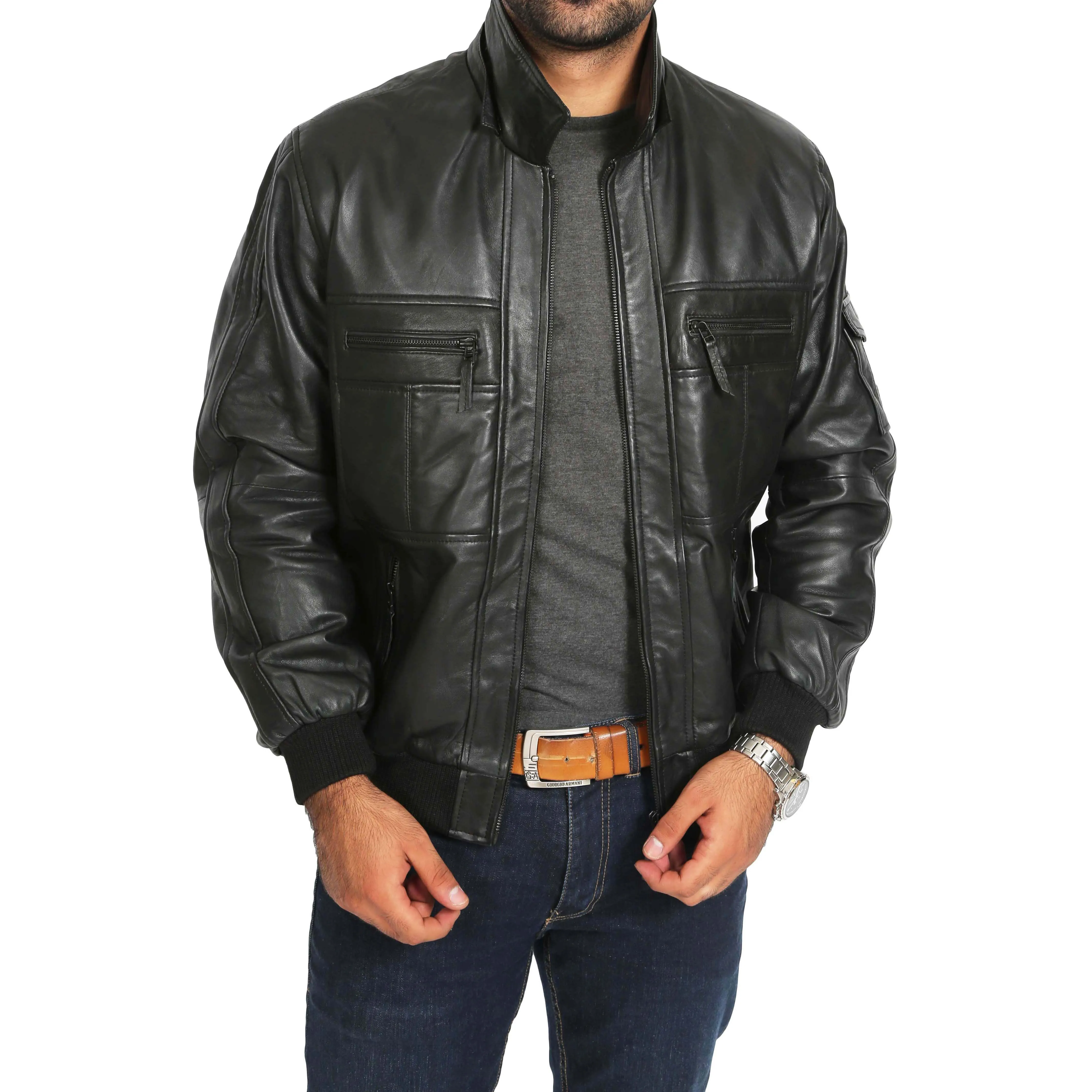 Mens Hooded Bomber Leather Jacket Seth Black