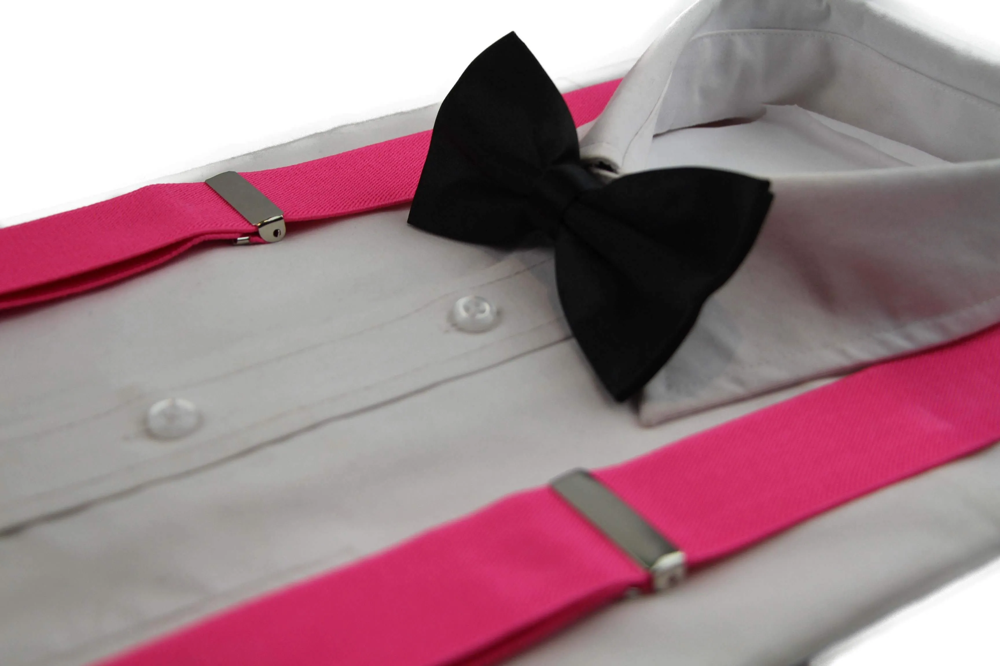 Mens Hot Pink 100cm Wide Suspenders & Black Bow Tie Set