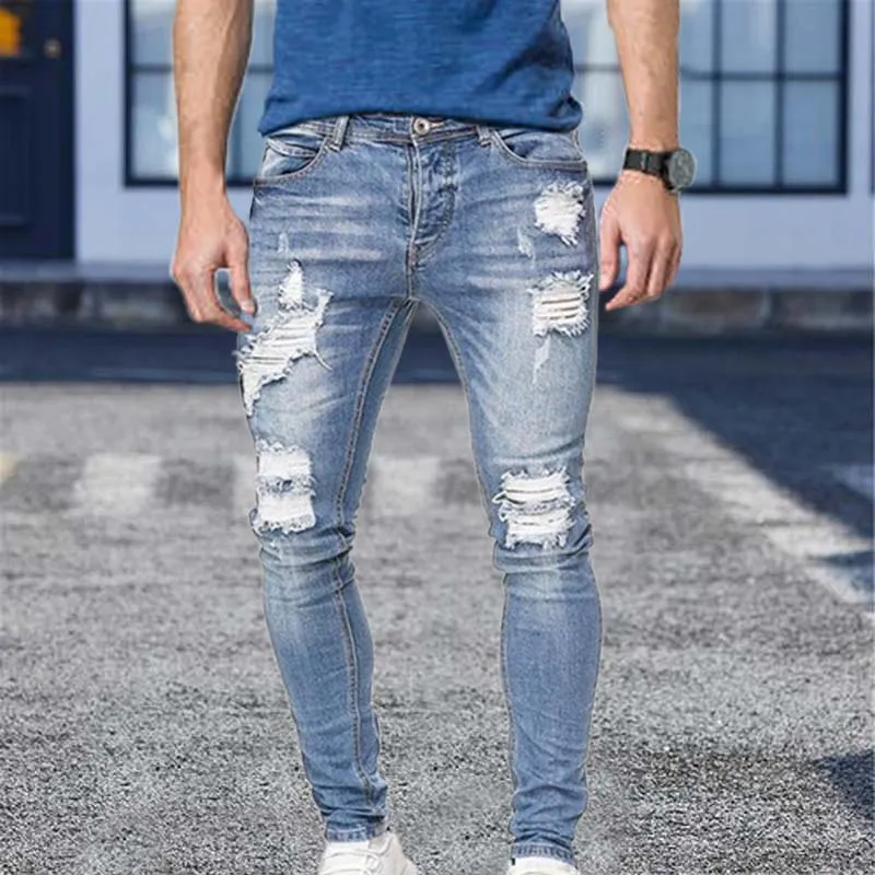 Men's Jeans Cotton Stretchy Ripped Skinny Hip Hop Hole Slim Fit Denim Pants - MJN0064