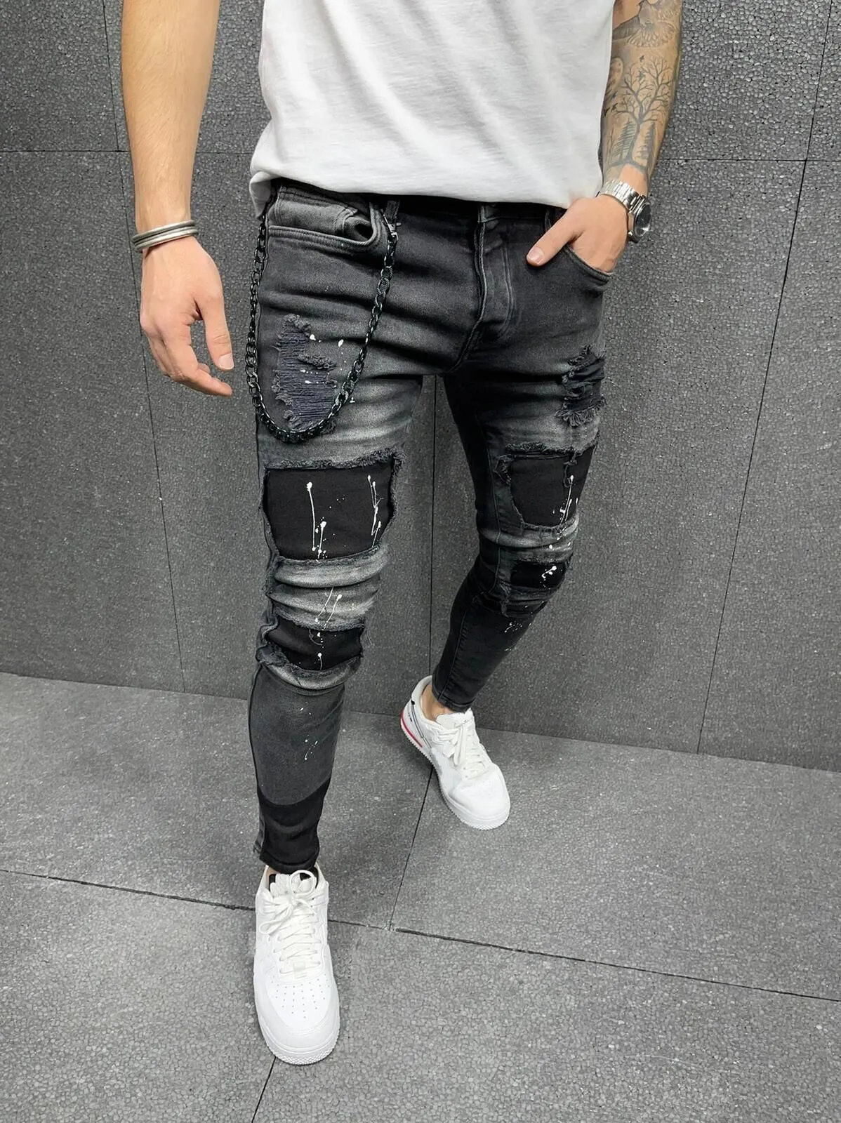 Men's Jeans Cotton Stretchy Ripped Skinny Hip Hop Hole Slim Fit Denim Pants - MJN0064