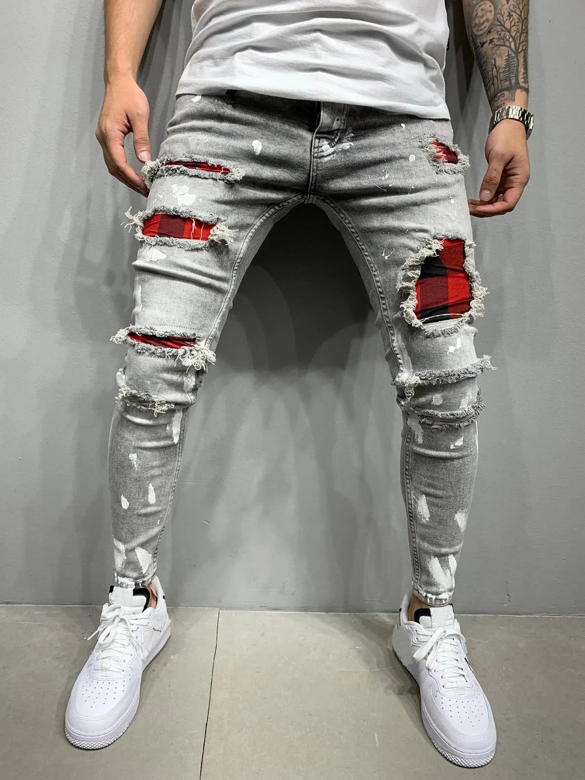 Men's Jeans Cotton Stretchy Ripped Skinny Hip Hop Hole Slim Fit Denim Pants - MJN0064